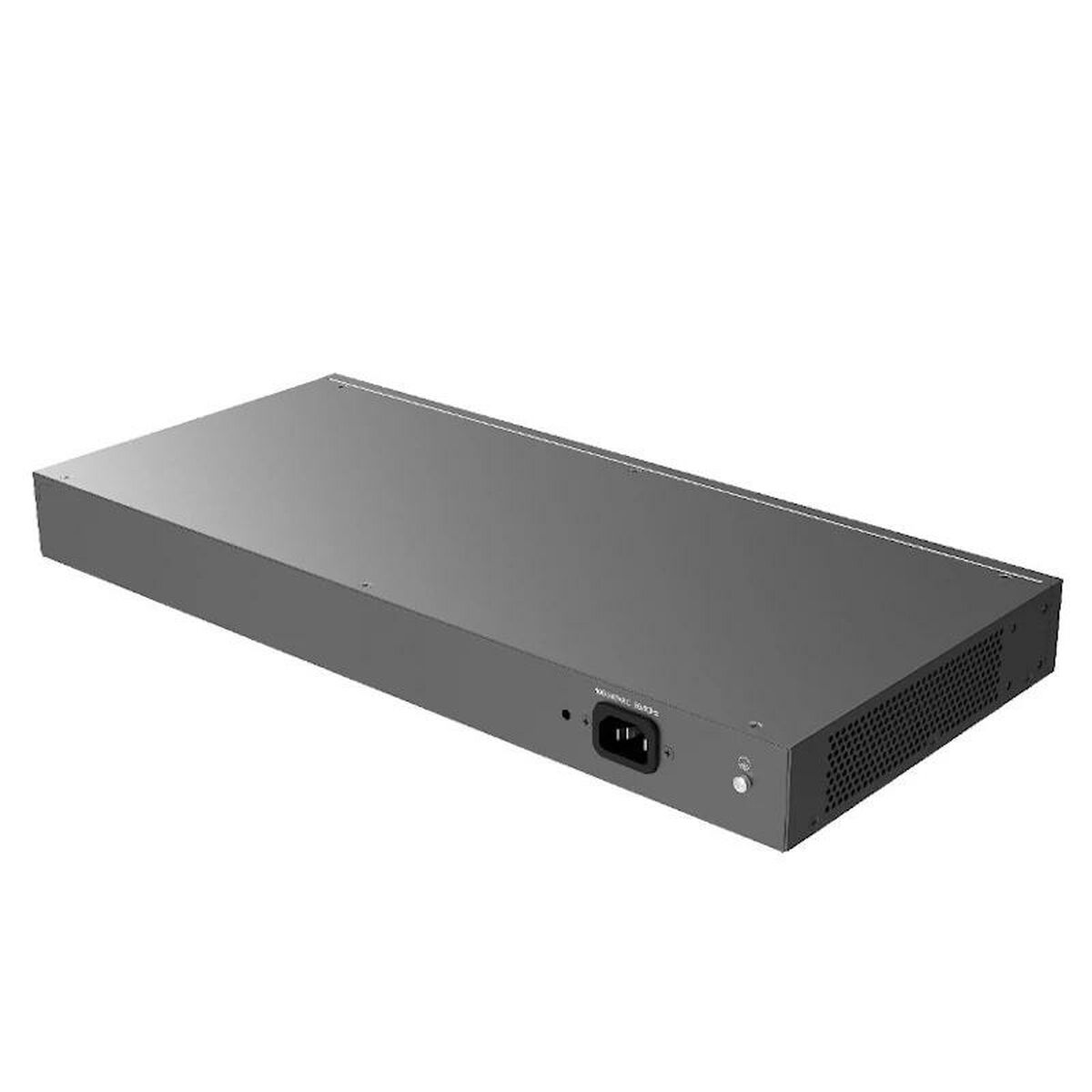 Ein grauer Netzwerk-Switch. Die Rückseite des Switches ist gezeigt, mit Strom- und Netzwerkanschlüssen.