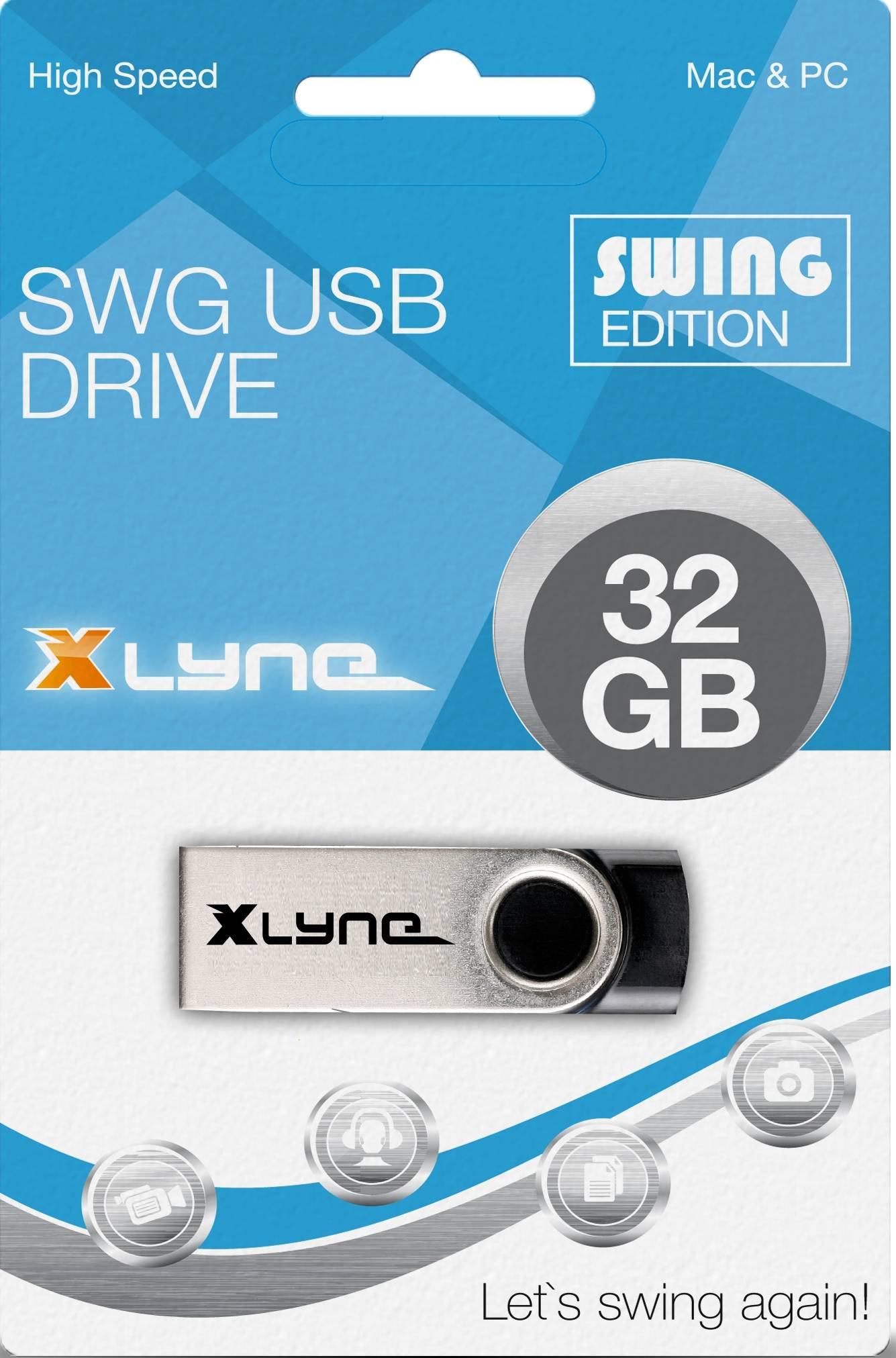 Srebrny pendrive w opakowaniu. Tekst: SWG USB Drive, XLyne, Swing Edition, 32GB. Niebieskie i białe tło.