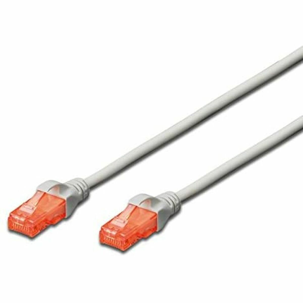 Zwei Netzwerkkabel mit orangen Steckern, weißes Kabel.