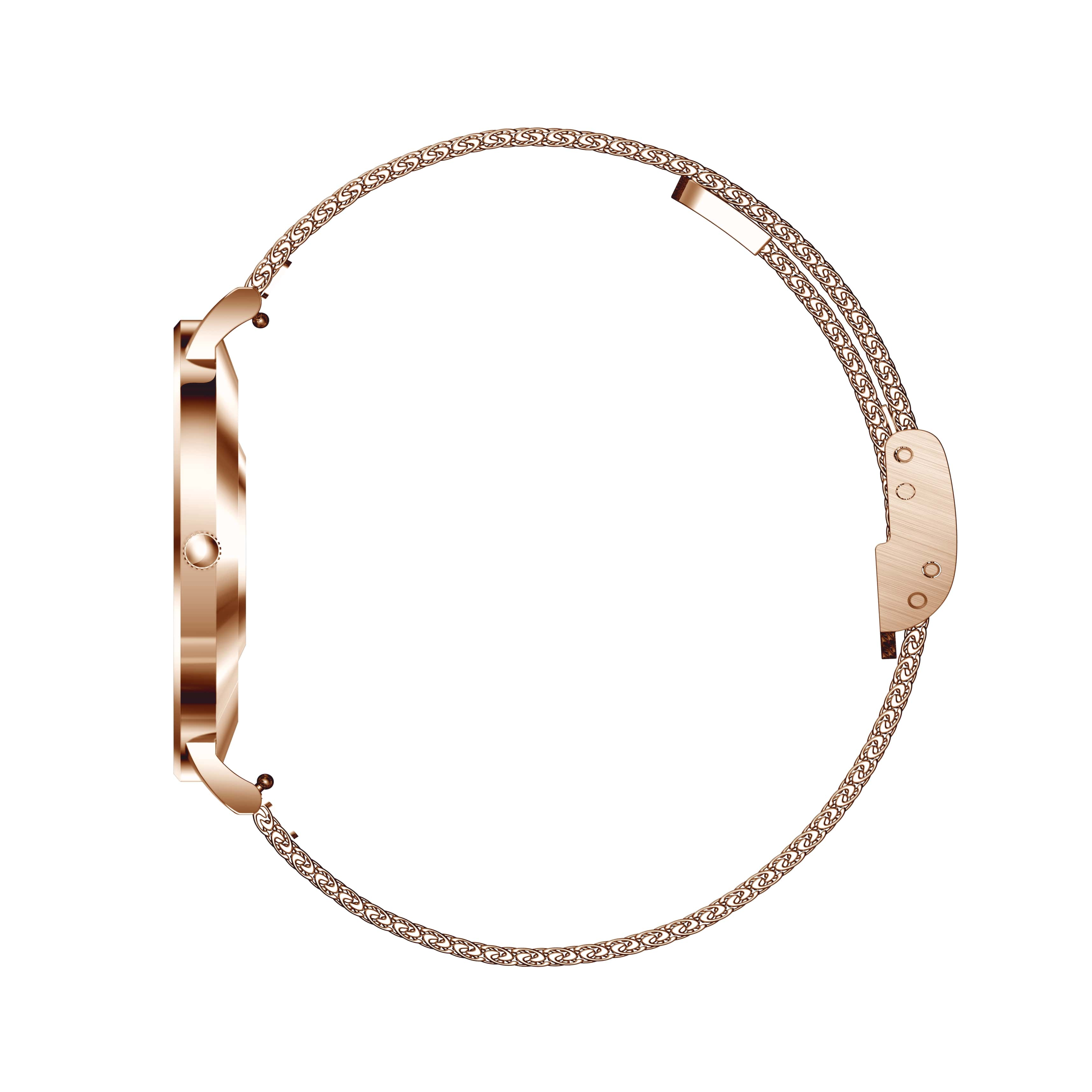 Roségoldene Uhr von der Seite. Metall-Mesh-Armband und rundes Zifferblatt sichtbar.