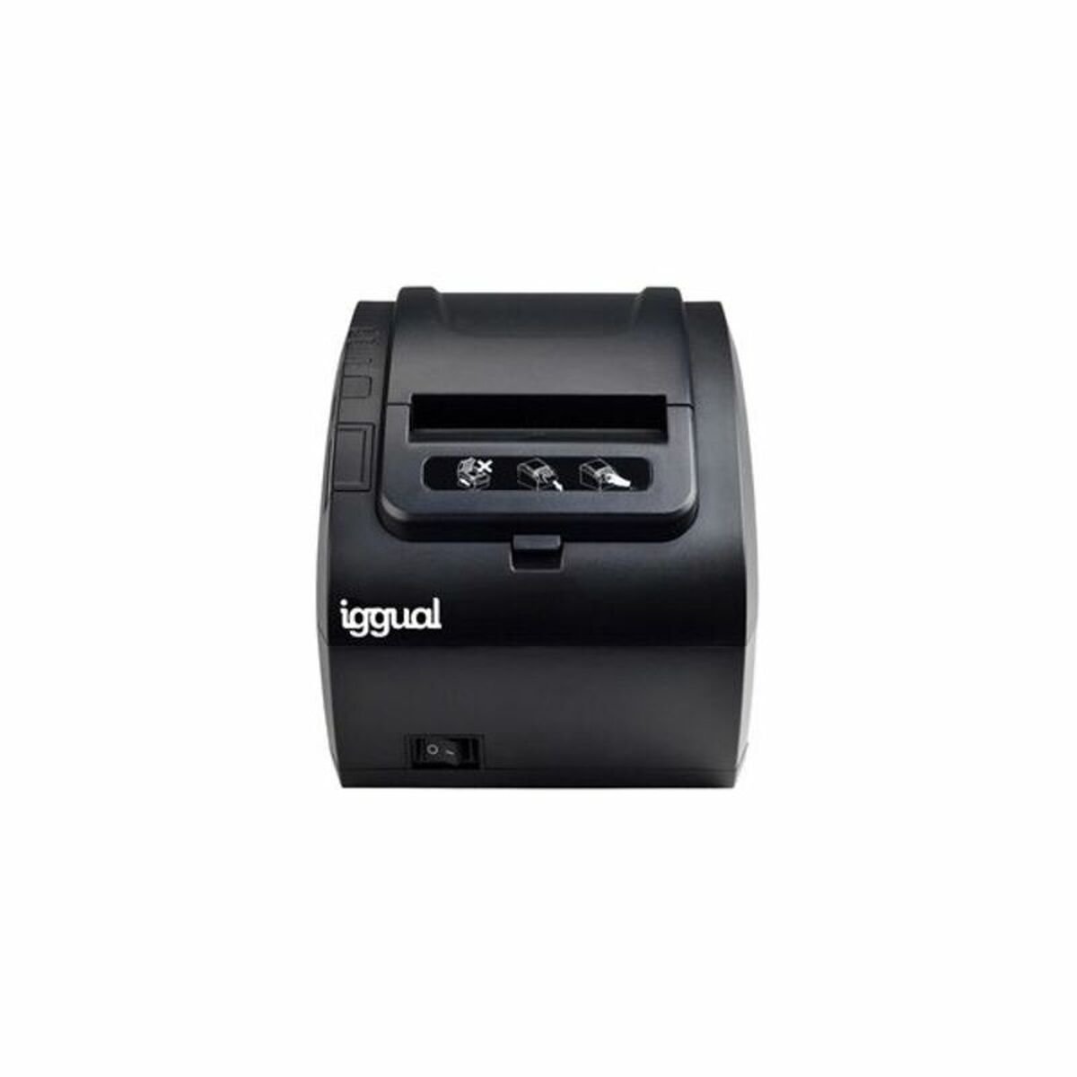 Schwarzer Thermodrucker mit drei Bedientasten und der Marke 'iggual'.