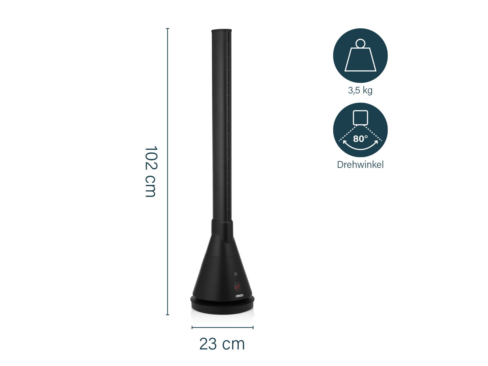 Ein hoher schwarzer Turmventilator mit Abmessungen: 102cm Höhe, 23cm Breite. Datenbeschriftungen vorhanden.