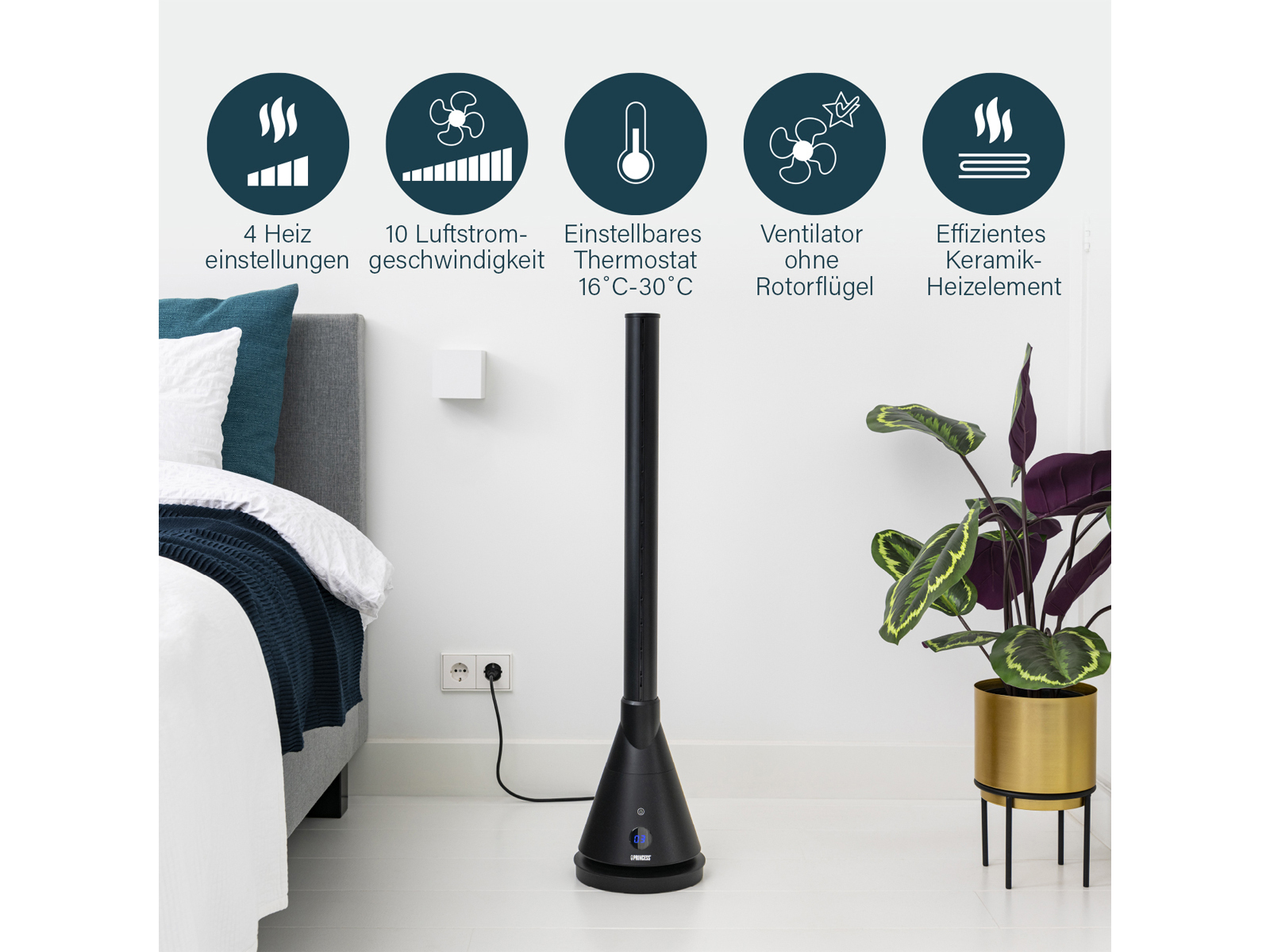 Schwarzer Turmventilator mit modernem Design. Der Ventilator steht vor einem Bett und einer Topfpflanze.