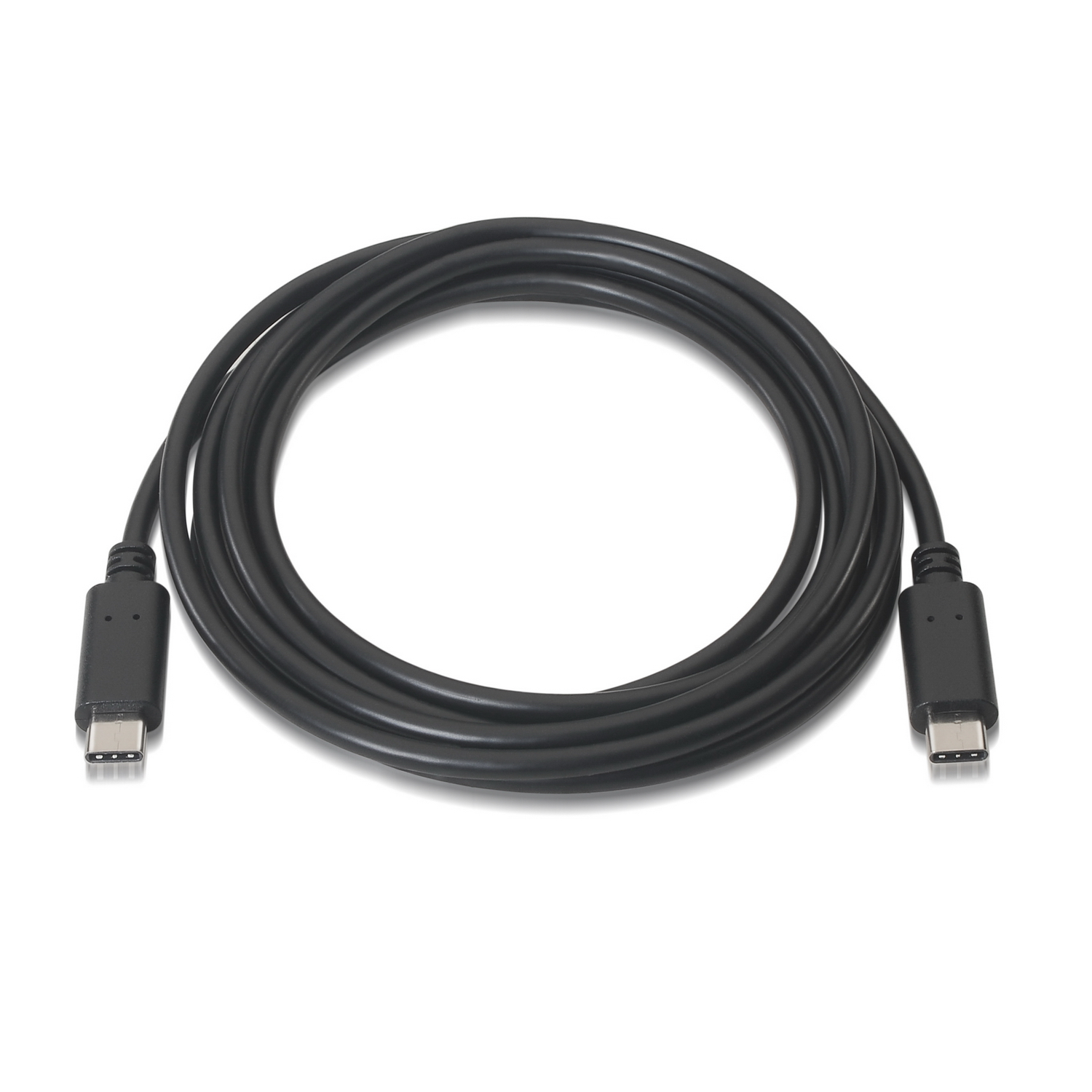 Black USB-C cable, coiled on white surface. The cable has USB-C connectors at both ends.