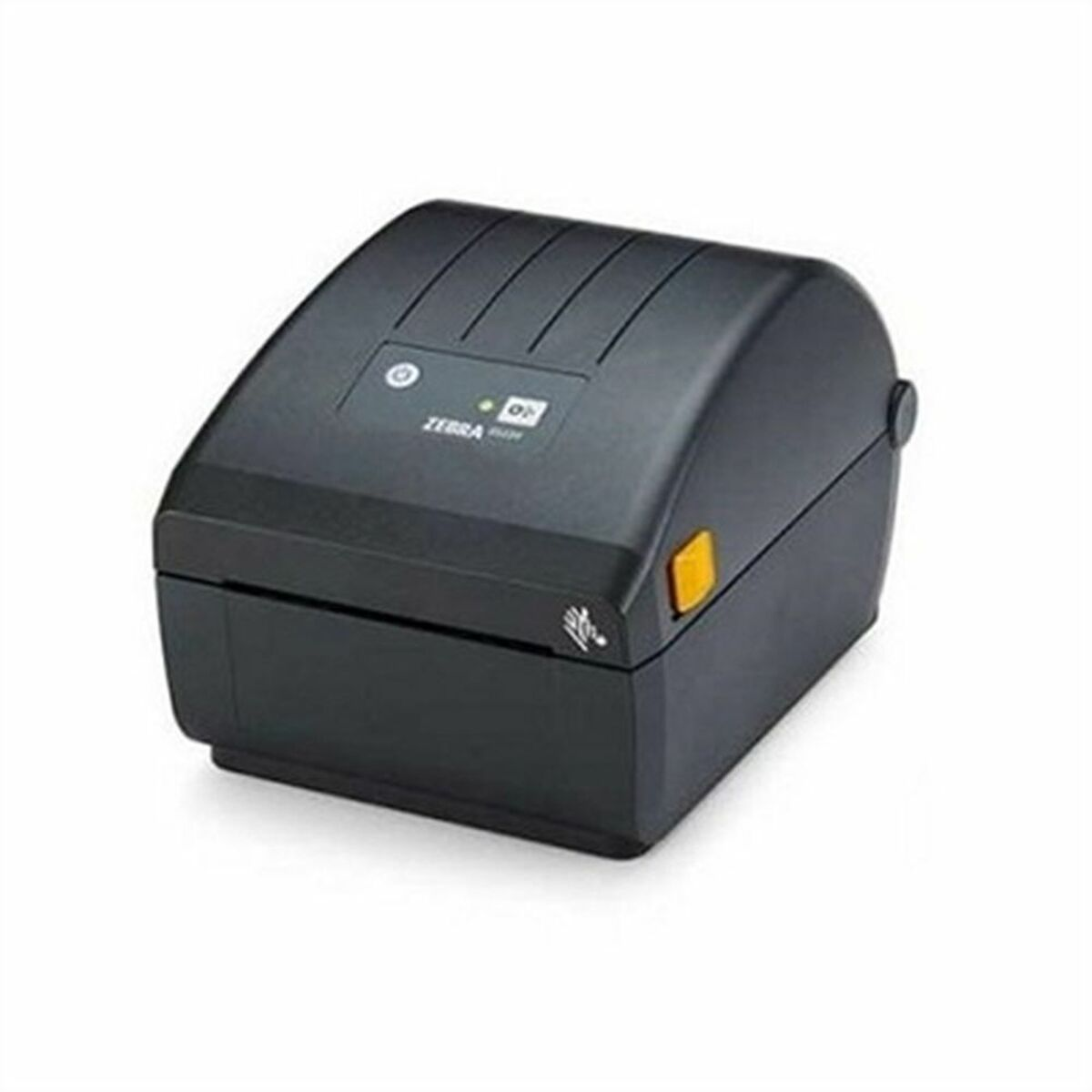 Schwarzer Zebra-Thermodrucker. Er hat eine Taste und Kontrollleuchten.