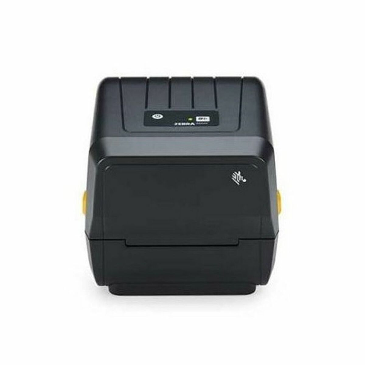 Ein schwarzer Zebra-Thermodrucker. Es hat gelbe Akzente und ist auf weißem Hintergrund.