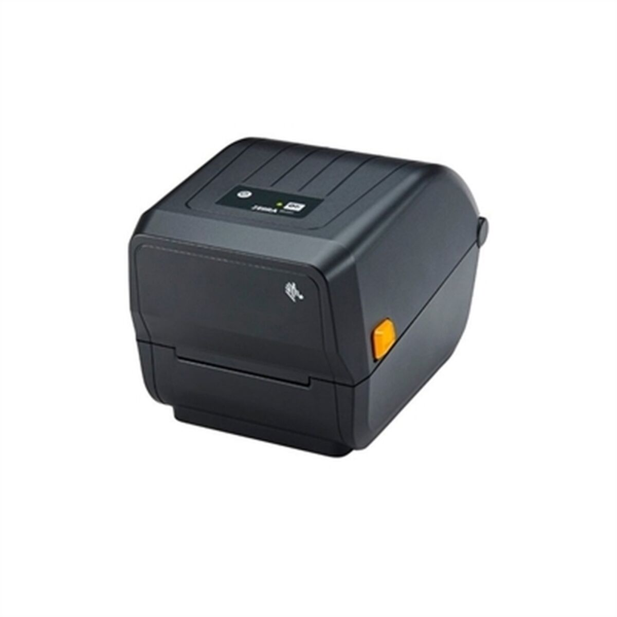 Schwarzer Zebra-Thermodrucker. Hat eine orangefarbene Taste an der Seite. Weißer Hintergrund.
