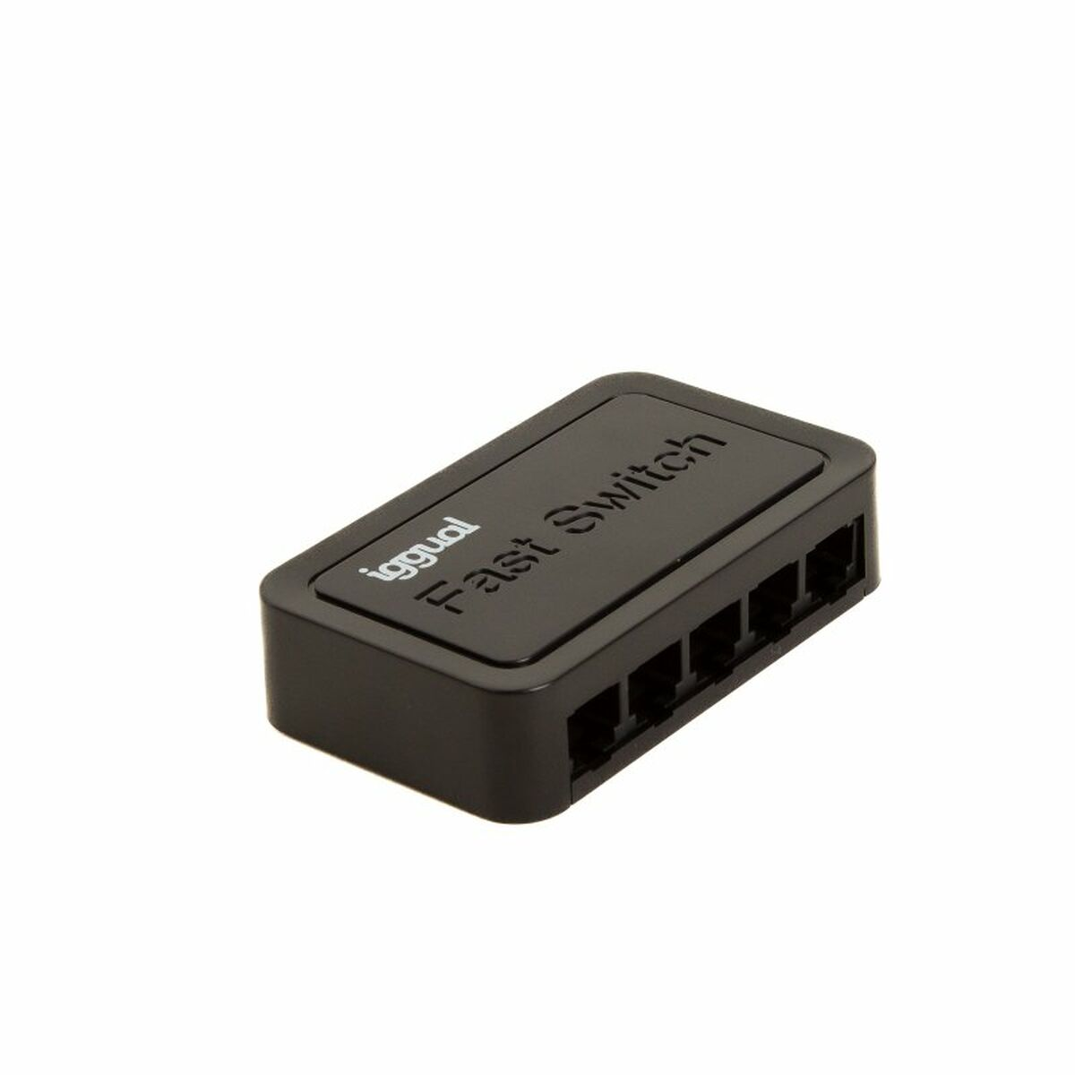 Switch di rete nero a cinque porte. Il testo in alto recita 'iggual Fast Switch'. Le porte sono visibili.