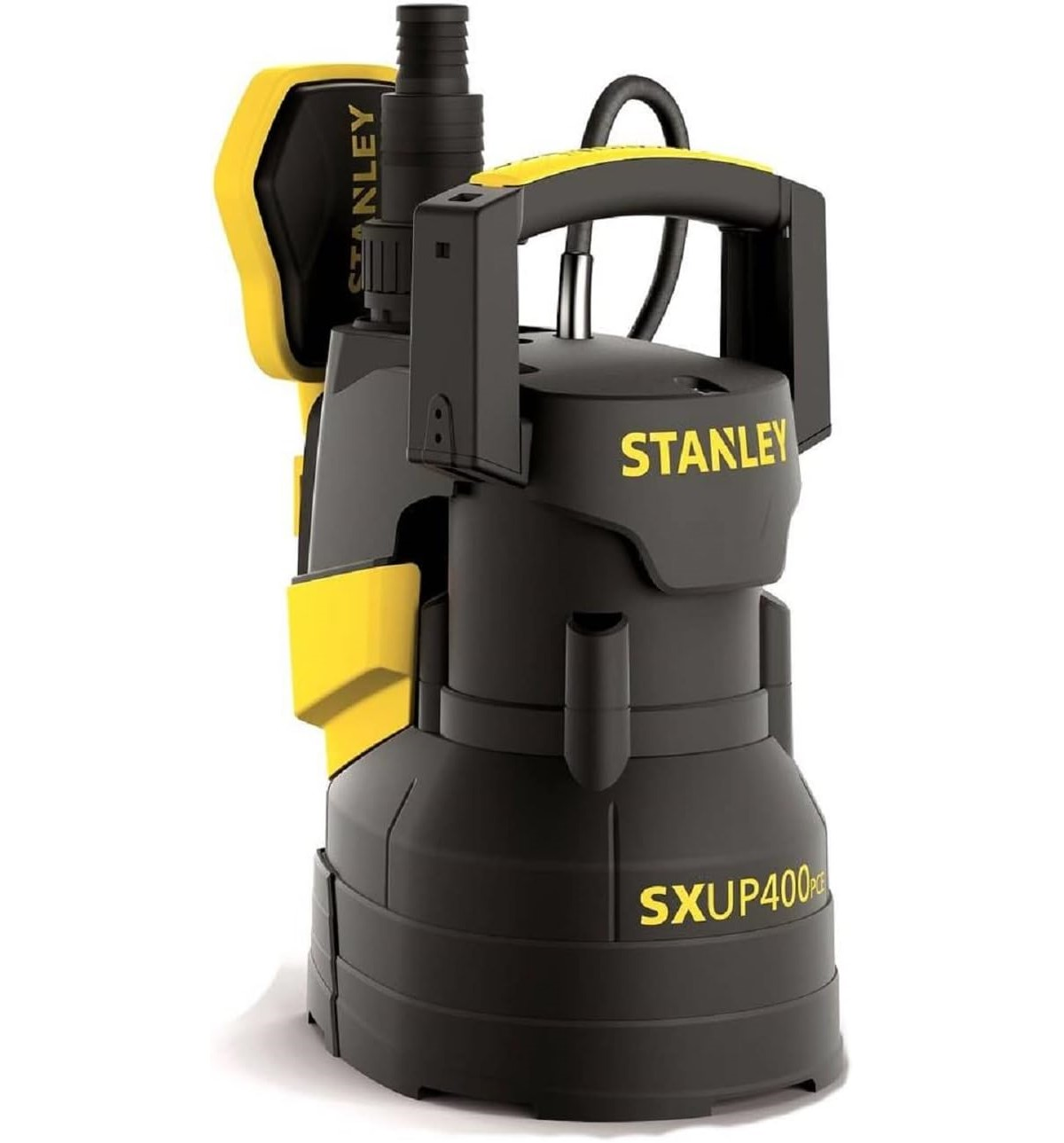 Stanley SXUP400 Tauchpumpe, schwarz und gelb, mit schwarzem Griff und gelben Akzenten.