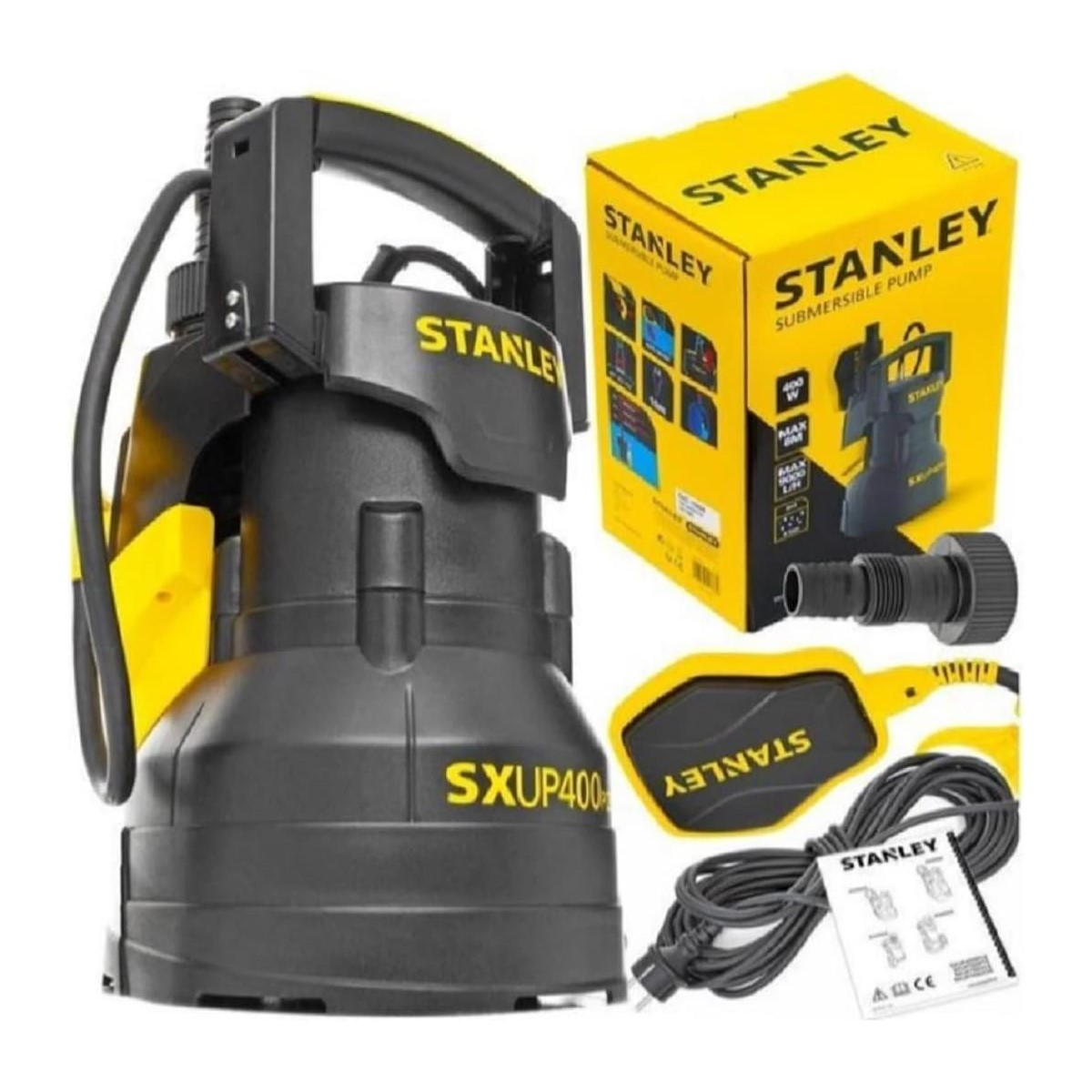 Eine schwarz-gelbe Stanley SXUP400 Tauchpumpe mit Karton und Zubehör.