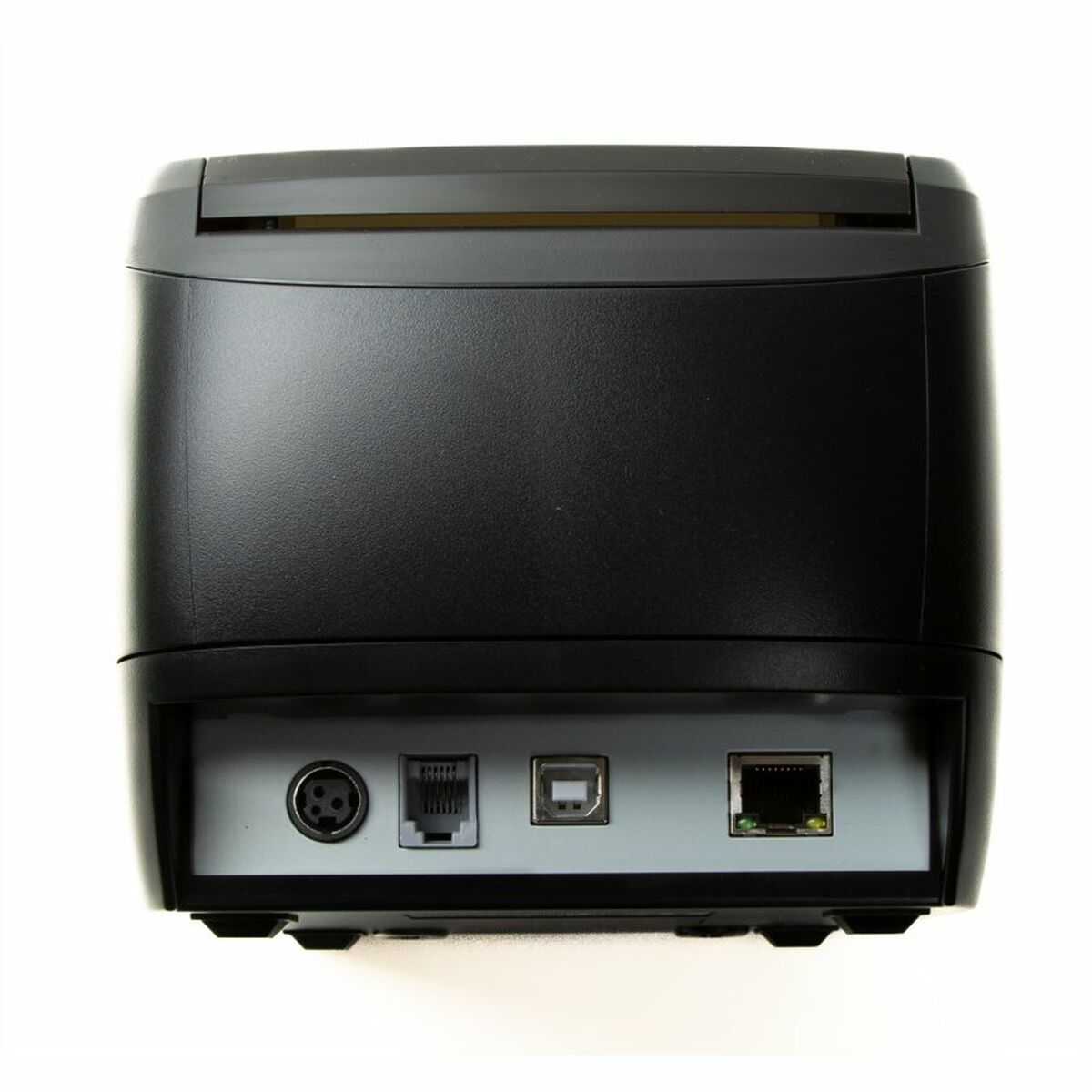 Stampante nera con porte sul retro, inclusi USB ed ethernet.