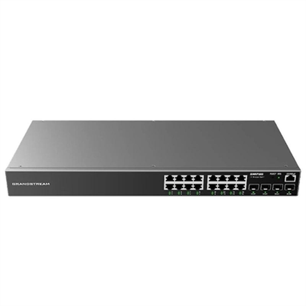 Schwarzer Grandstream-Netzwerk-Switch mit mehreren Anschlüssen und grünen Lichtern. Weißer Hintergrund.