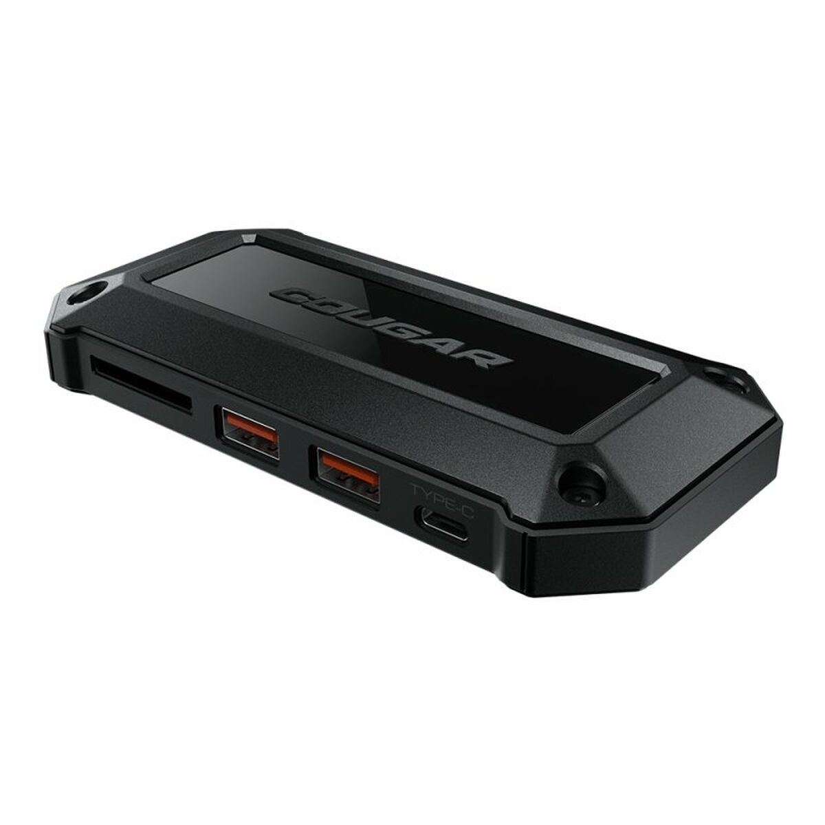 Schwarzer Cougar USB-Hub mit USB-Anschlüssen und Typ-C-Anschluss, Winkelansicht.