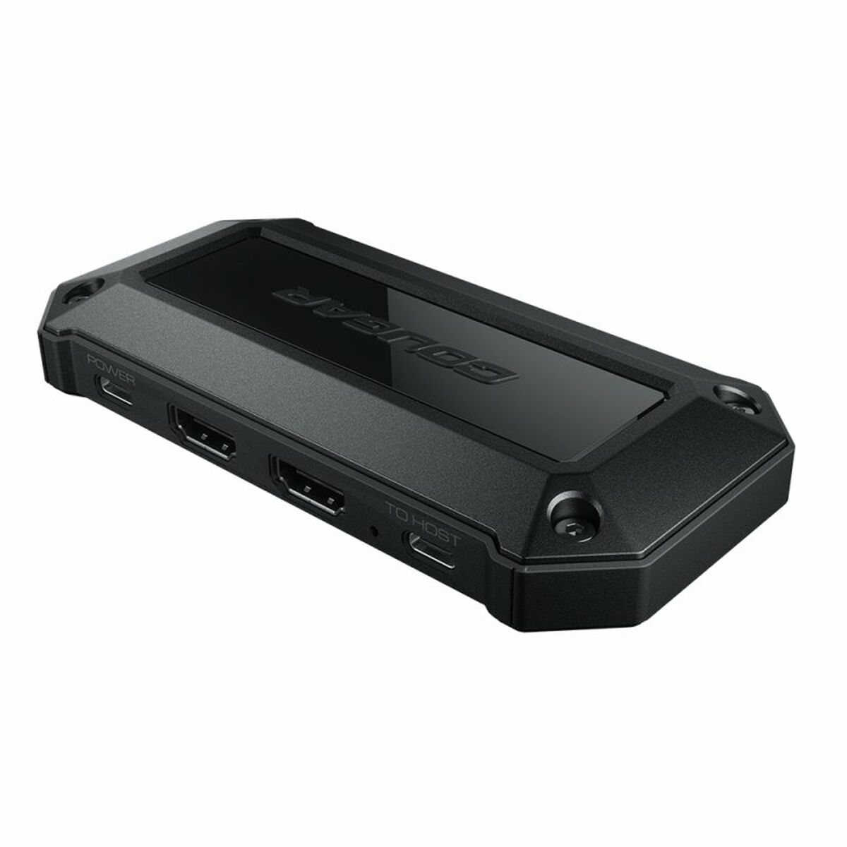 Ein schwarzes Gerät mit mehreren Anschlüssen, beschriftet mit POWER, HDMI und TO HOST. Das Gerät befindet sich auf einer weißen Oberfläche.