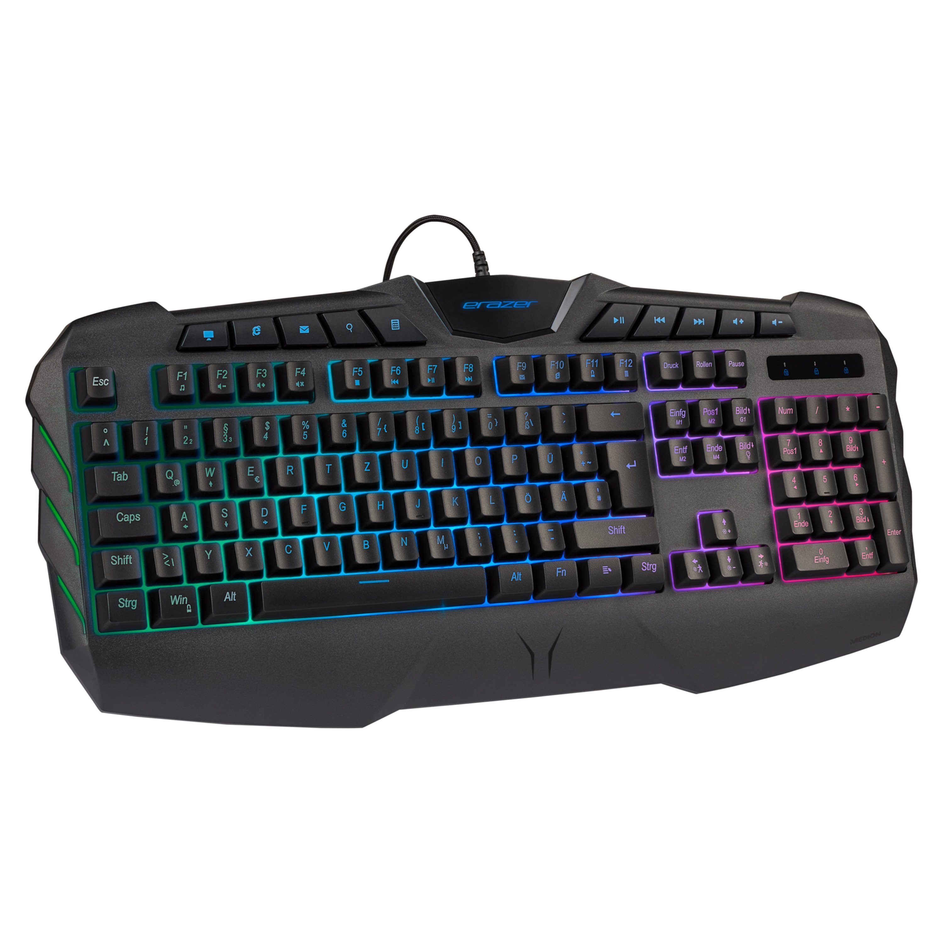 Schwarze Gaming-Tastatur mit bunten Lichtern. Tasten sind mit Buchstaben, Zahlen und Symbolen beschriftet.