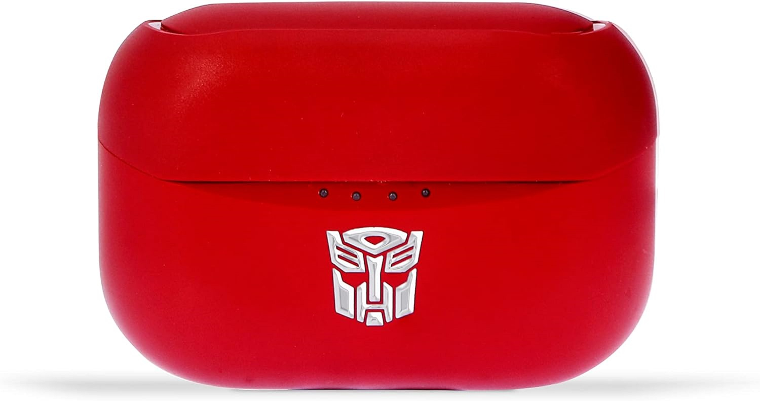 Red earbud charging case with a Transformer logo.