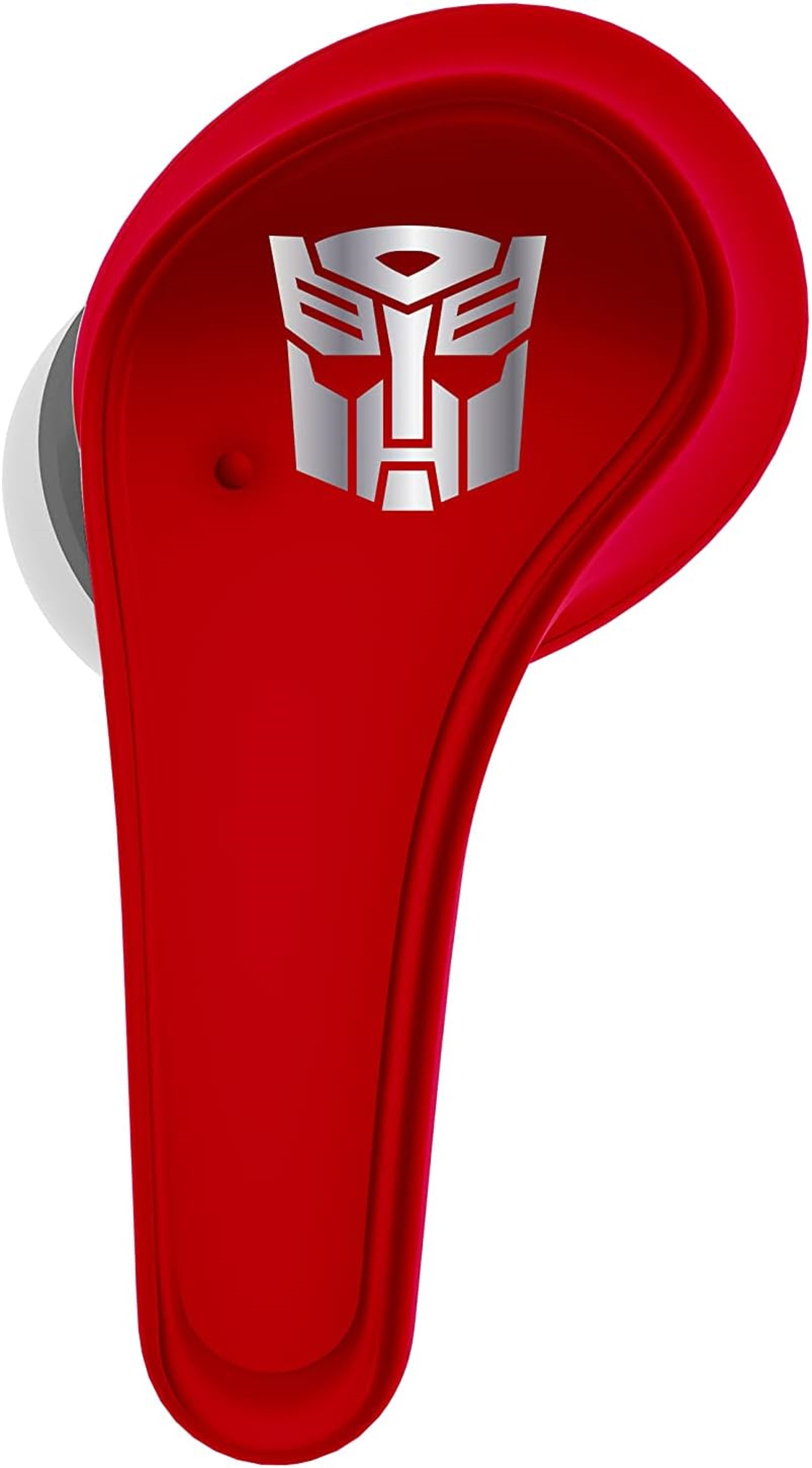 Red earbud with a Transformers logo.