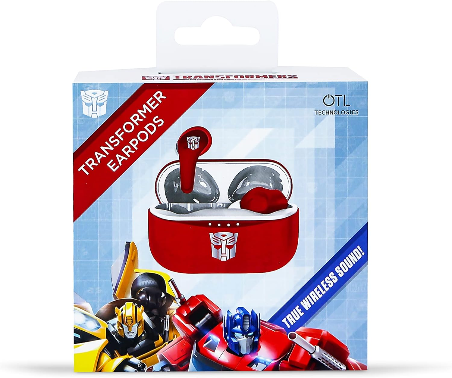 Box of Transformer earbuds. Box has red, blue, and yellow colors.