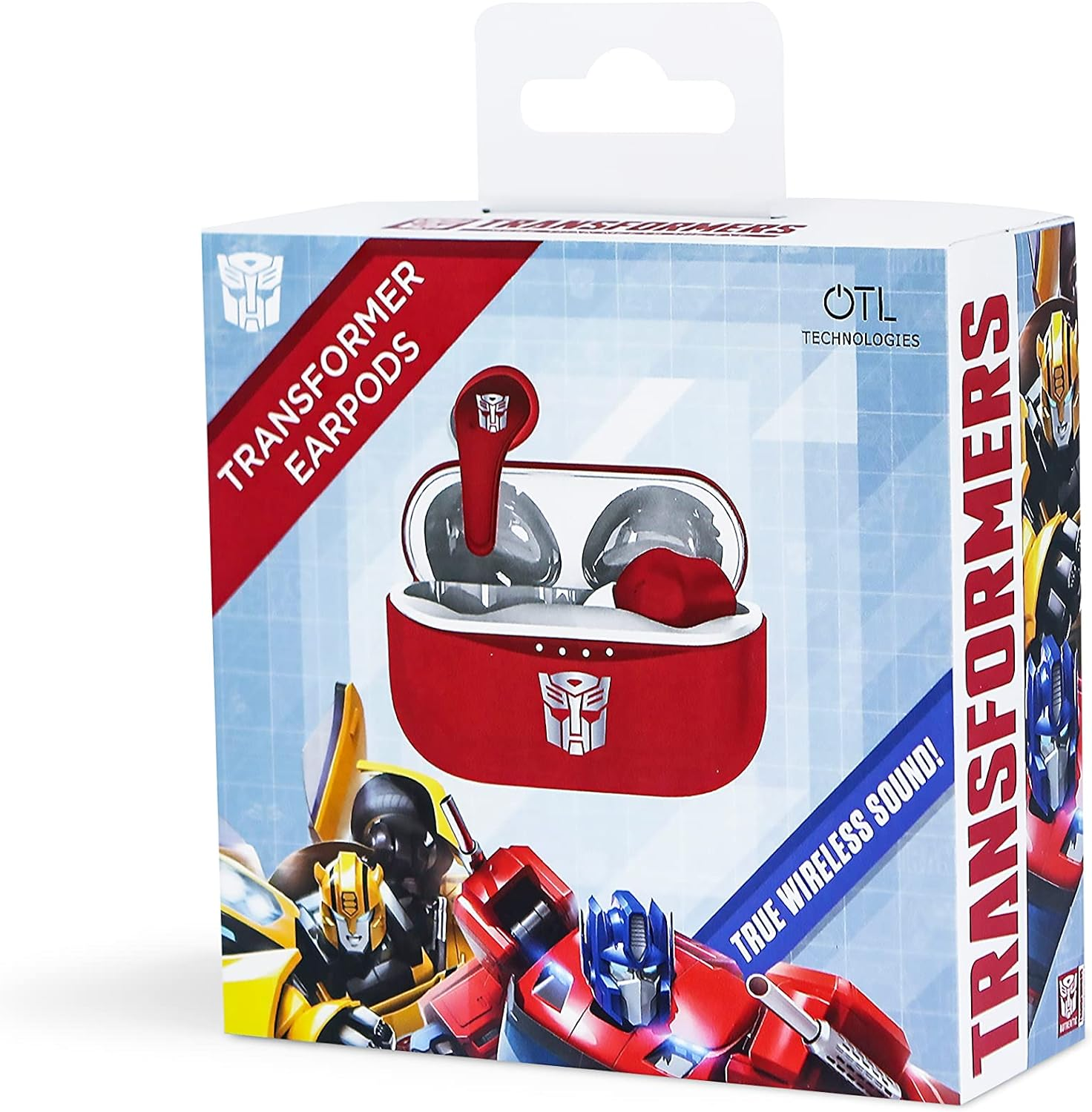 A red and white box of Transformer ear pods with an image of Optimus Prime and Bumblebee.
