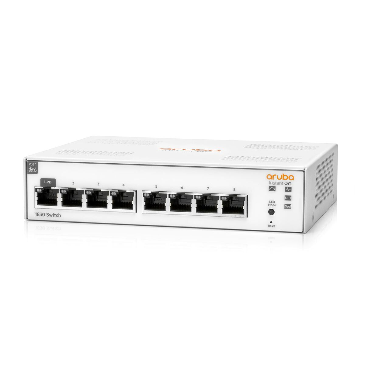 Weißer Aruba 1830 Switch mit mehreren Ethernet-Ports. Das Gerät hat LED-Anzeigen und eine Reset-Taste.
