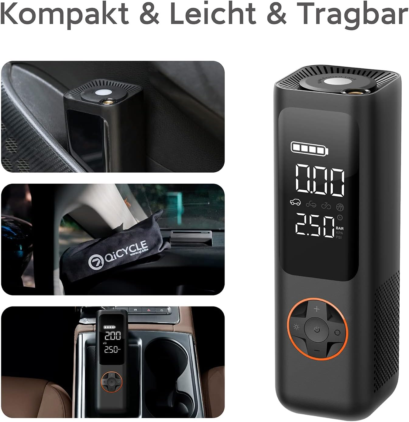 Eine schwarz-graue tragbare Luftpumpe mit Digitalanzeige und Touch-Tasten sowie Zubehör.