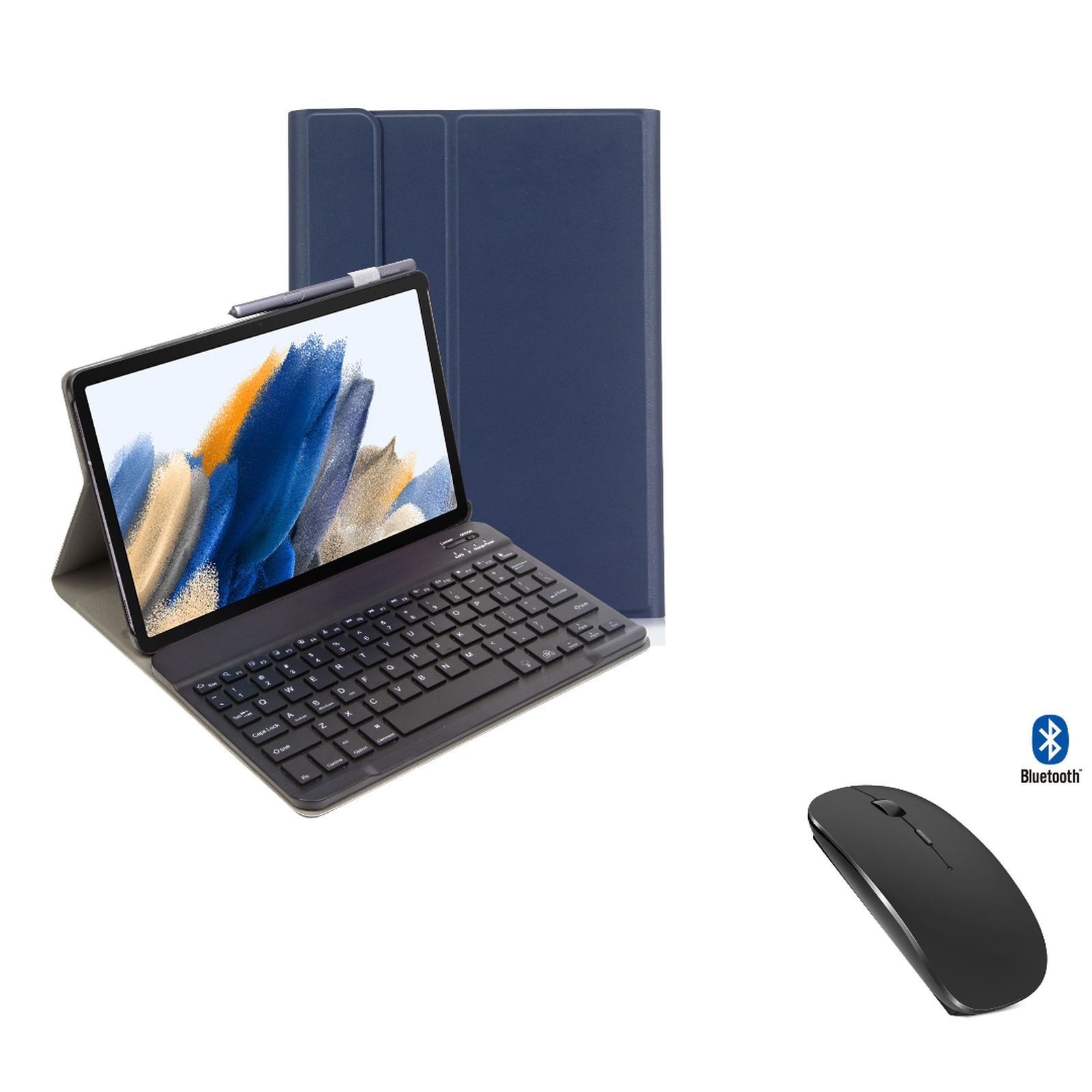 Tablet mit Tastatur und Maus. Es befindet sich in einem blauen Gehäuse. Das Tablet zeigt ein farbenfrohes Bild.