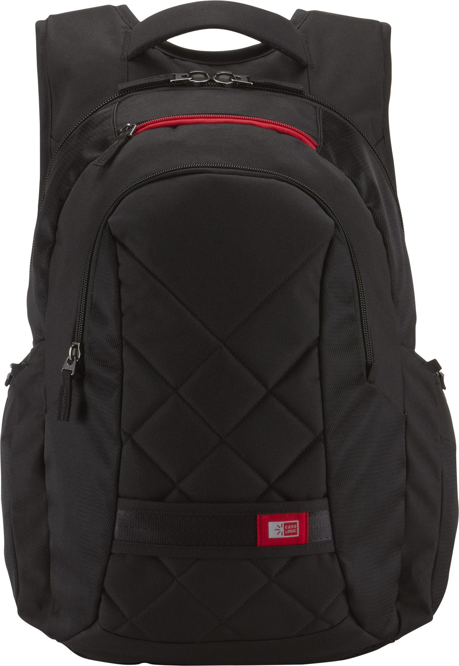 Schwarzer Rucksack mit roten Akzenten. Der Rucksack hat mehrere Taschen und ein Case Logic Logo.
