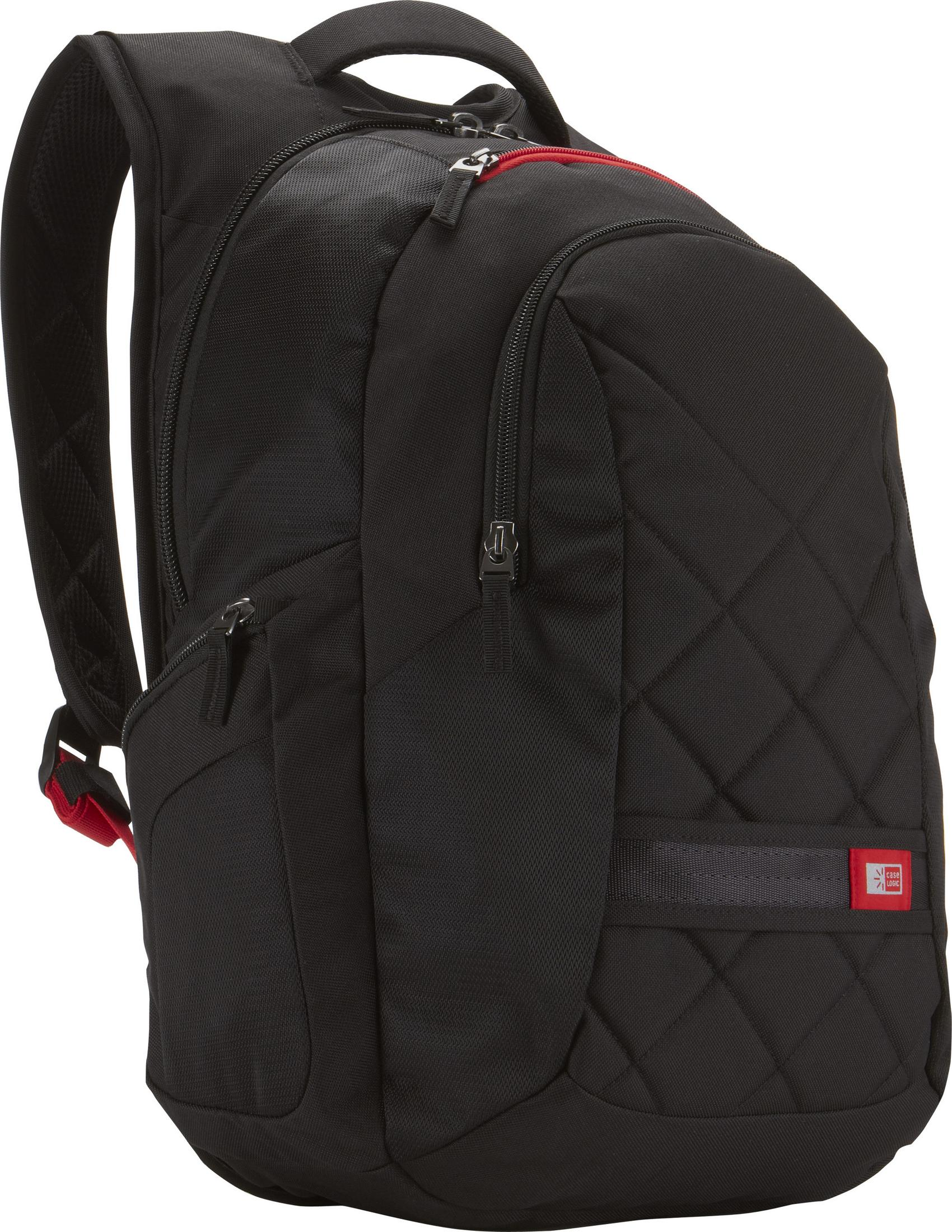 Schwarzer Rucksack mit roten Akzenten. Er hat einen Reißverschluss und ein gepolstertes Rautenmuster.