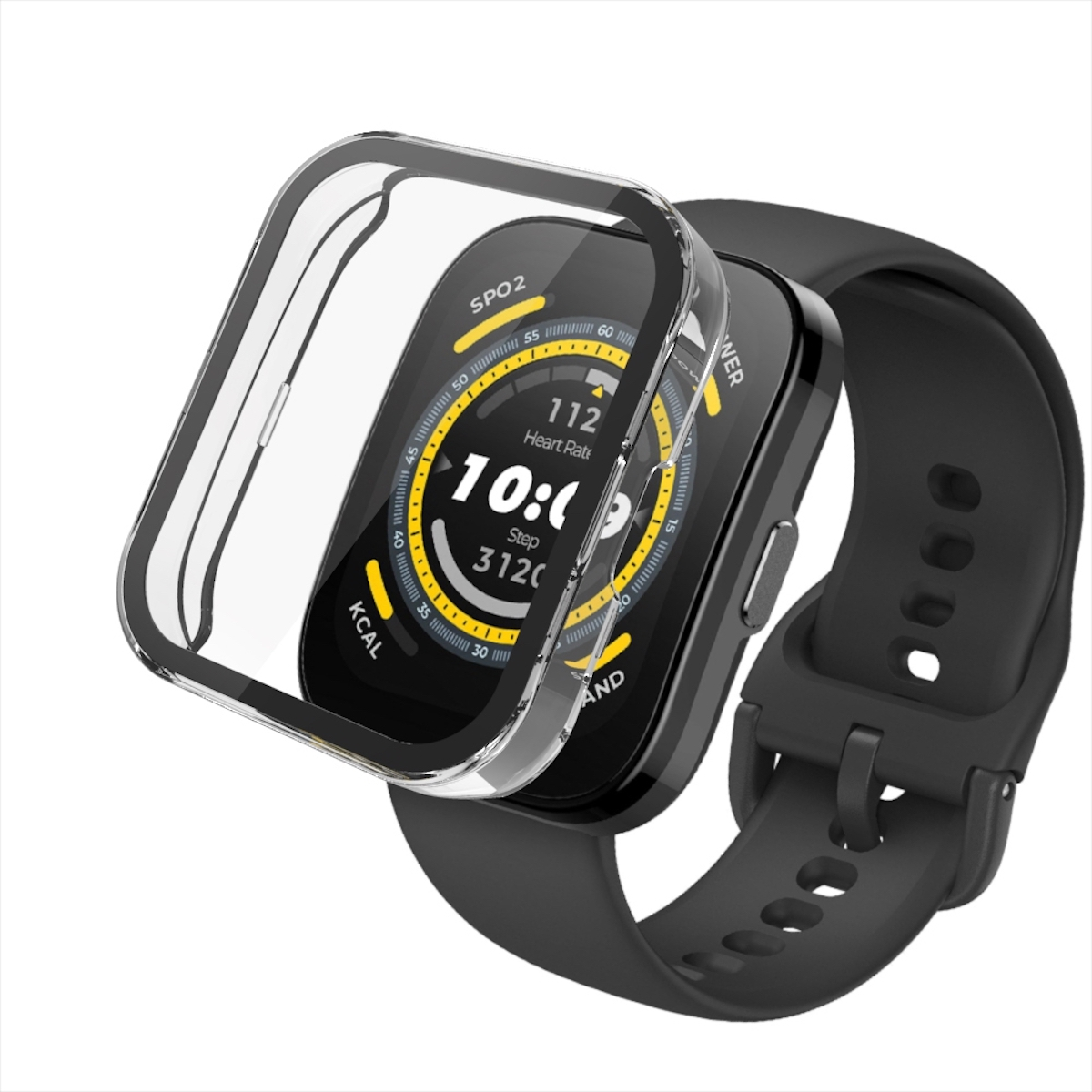 Eine Smartwatch mit transparentem Gehäuse an einem schwarzen Armband. Die Uhr zeigt Zeit und Gesundheitsdaten.