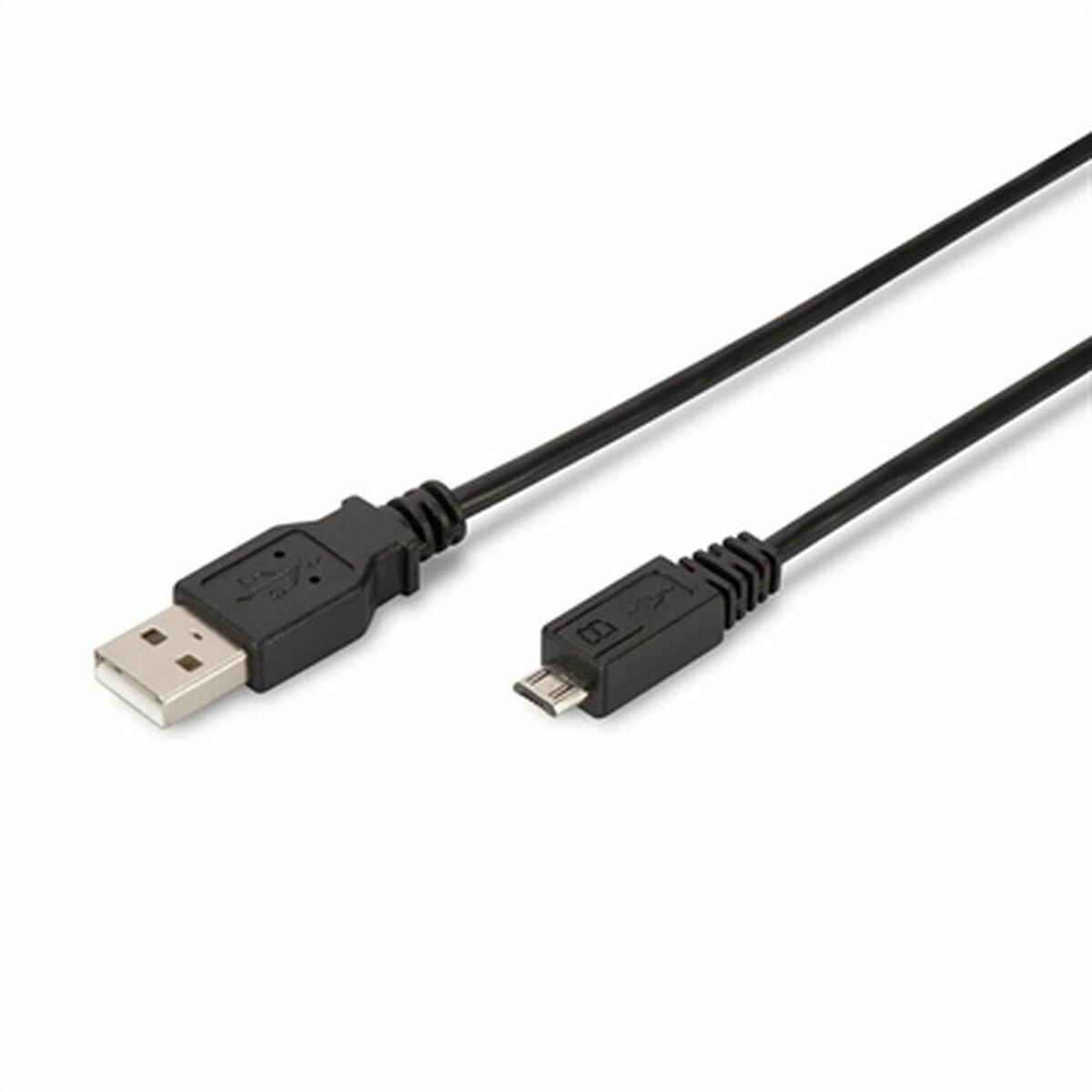 Schwarzes USB-Kabel mit USB-A- und Micro-USB-Anschlüssen vor weißem Hintergrund.