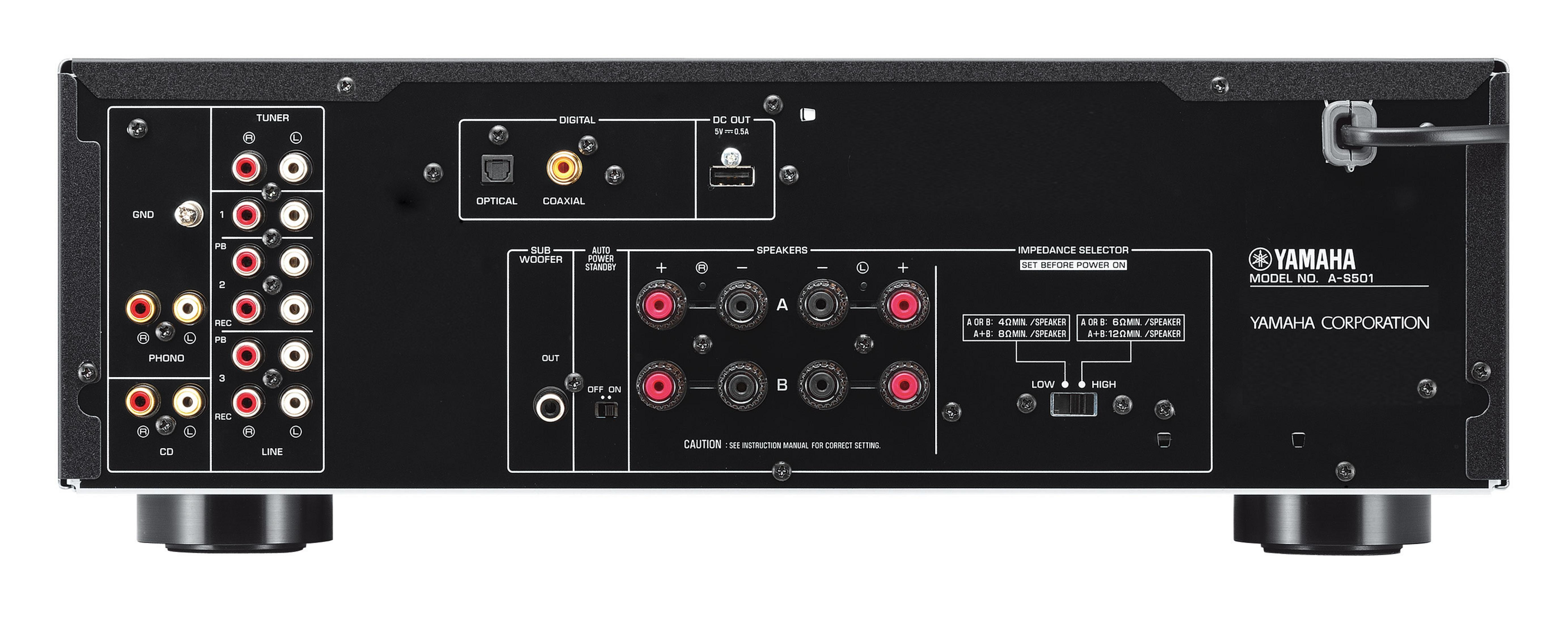 Schwarze Yamaha-Receiver-Rückseite. Eingänge für DVD, CD, Phono und Lautsprecher A/B. Digitale, optische und Koaxialanschlüsse.