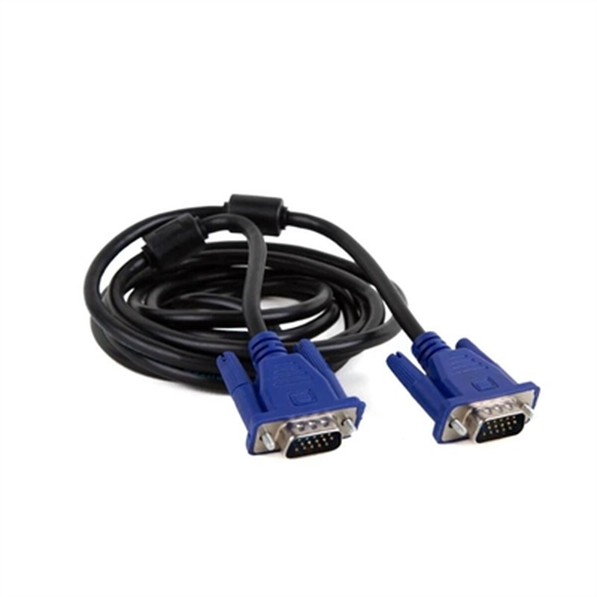 Ein VGA-Kabel mit zwei blauen Steckern. Das Kabel ist schwarz.
