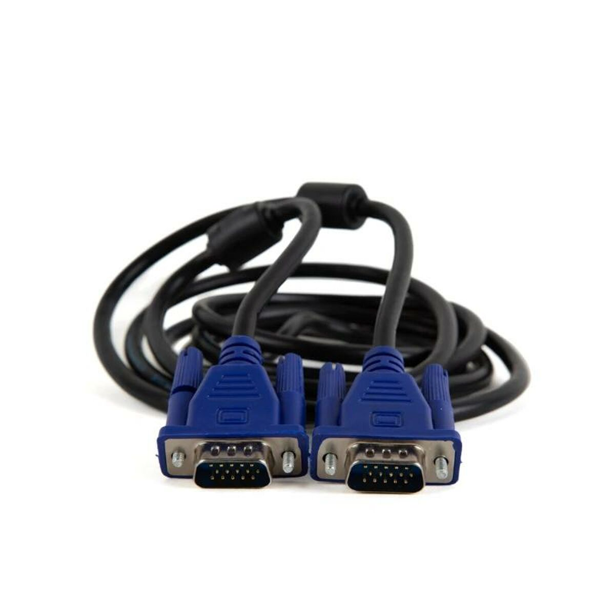 Zwei blaue VGA-Kabel, verbunden mit einem schwarzen Gelenk, vor weißem Hintergrund.