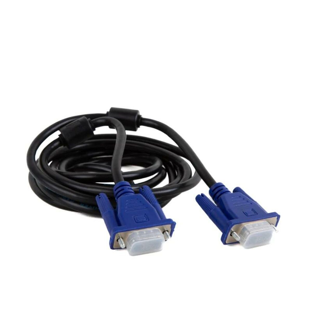 Schwarzes VGA-Kabel mit blauen Steckern auf weißem Hintergrund. Zwei Stecker sind rechts sichtbar.