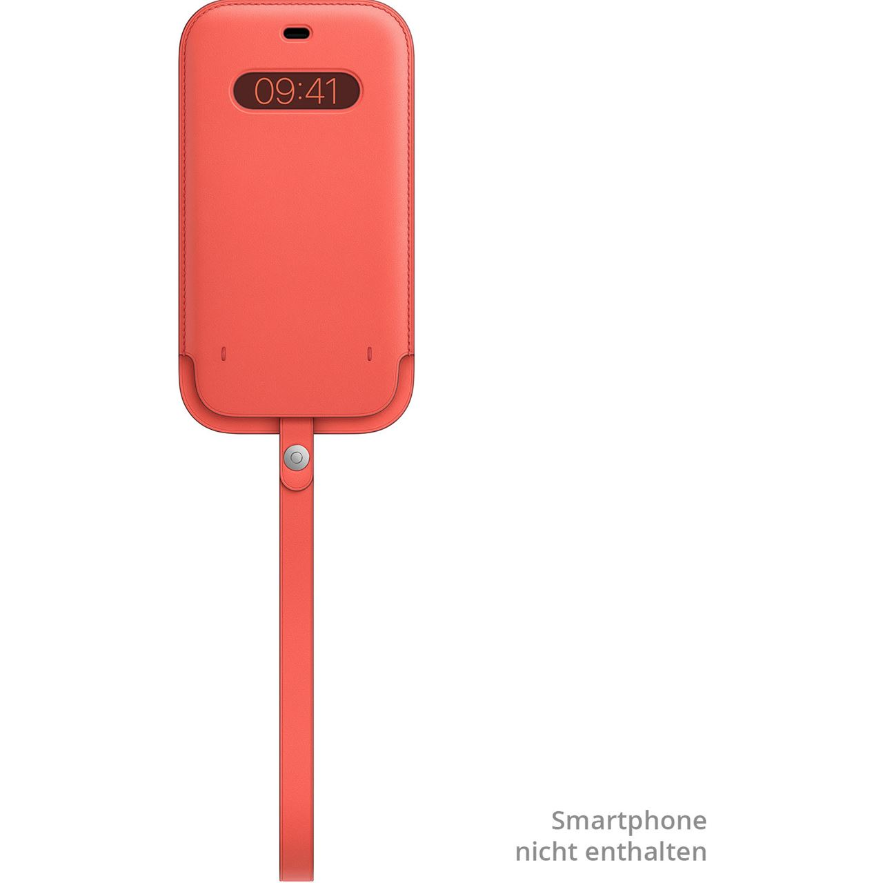 Coral-colored phone case with a strap. The screen displays 09:41. Text: 'Smartphone nicht enthalten'.