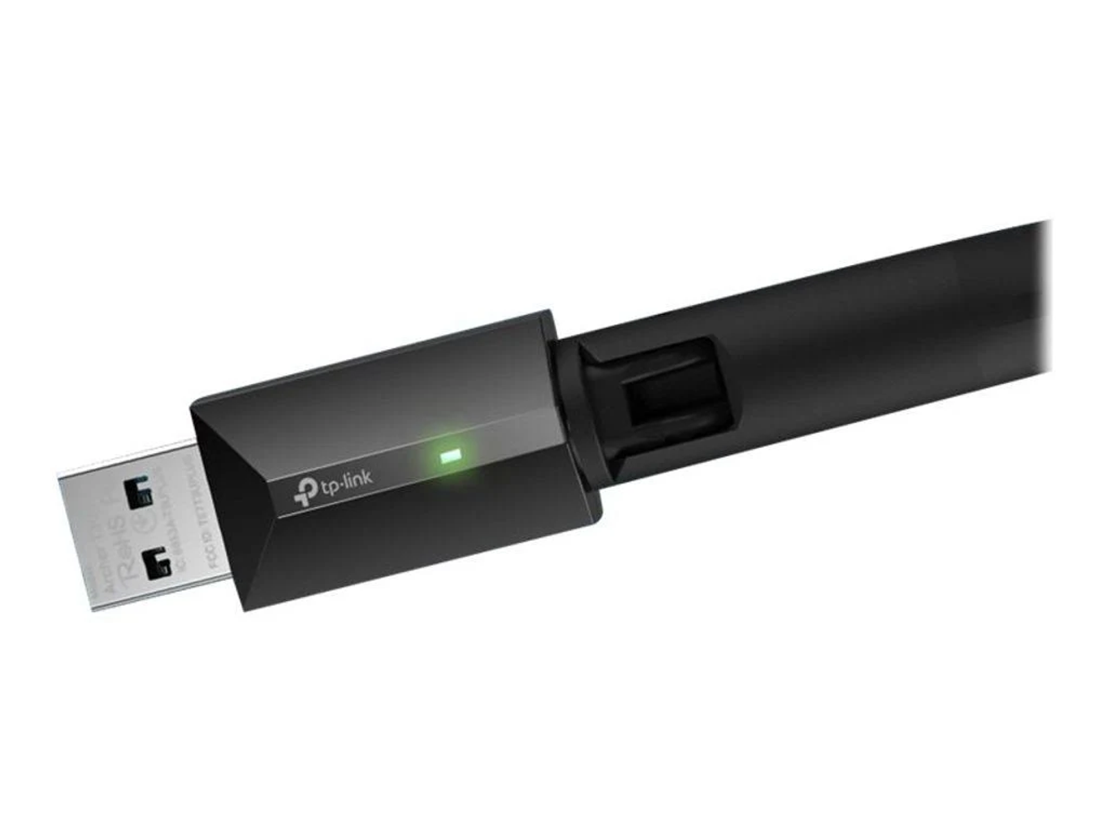 Czarny adapter Wi-Fi USB z zielonym światłem.