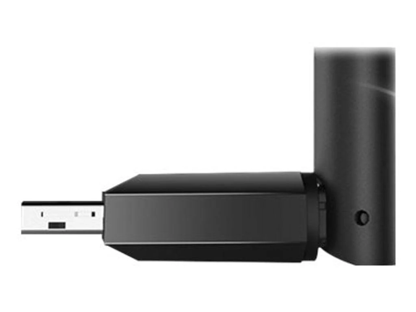 Czarny adapter Wi-Fi USB podłączony do białego tła. Jest mały i kątowy.