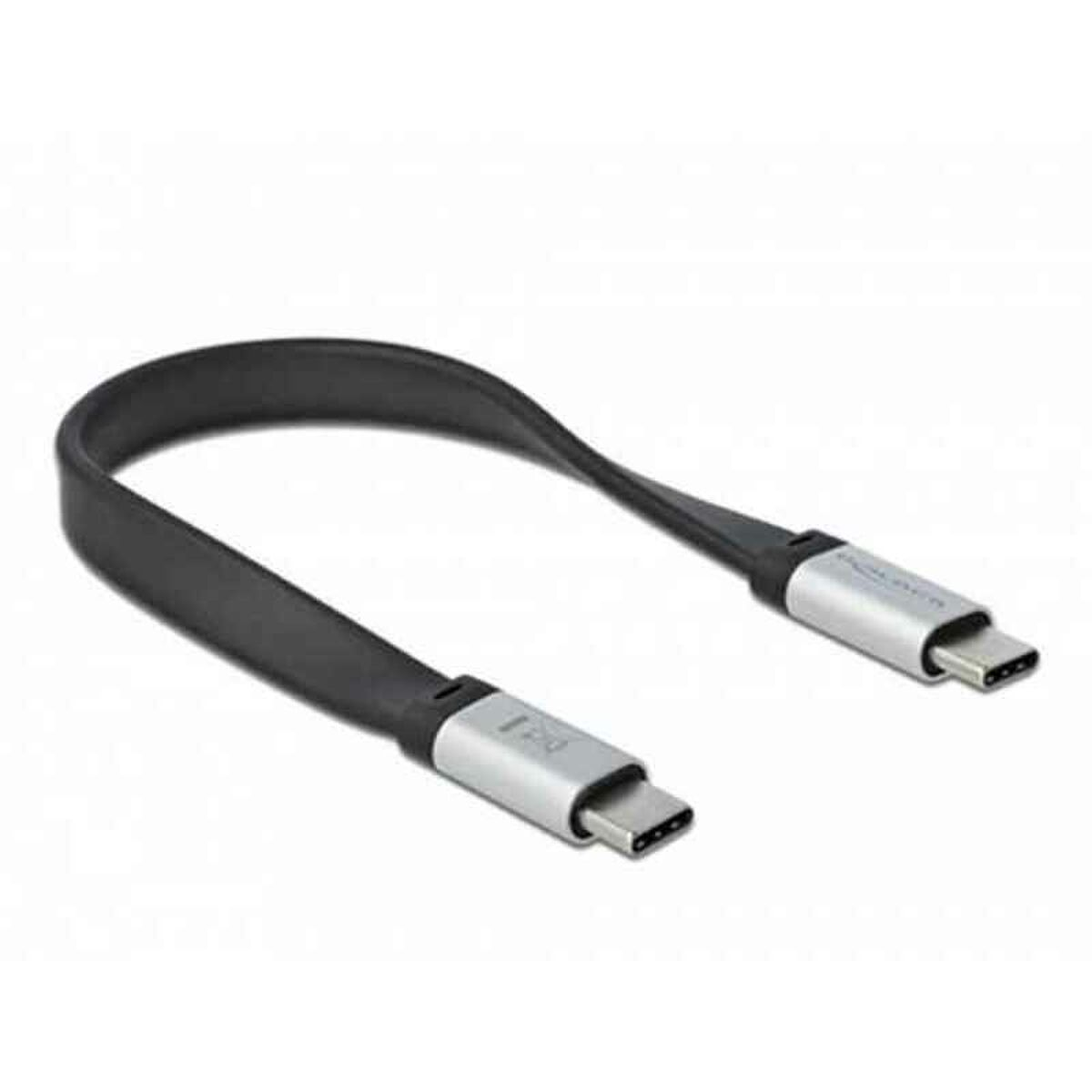 Un cavo USB-C nero con connettori argentati. È a forma di U su sfondo bianco.