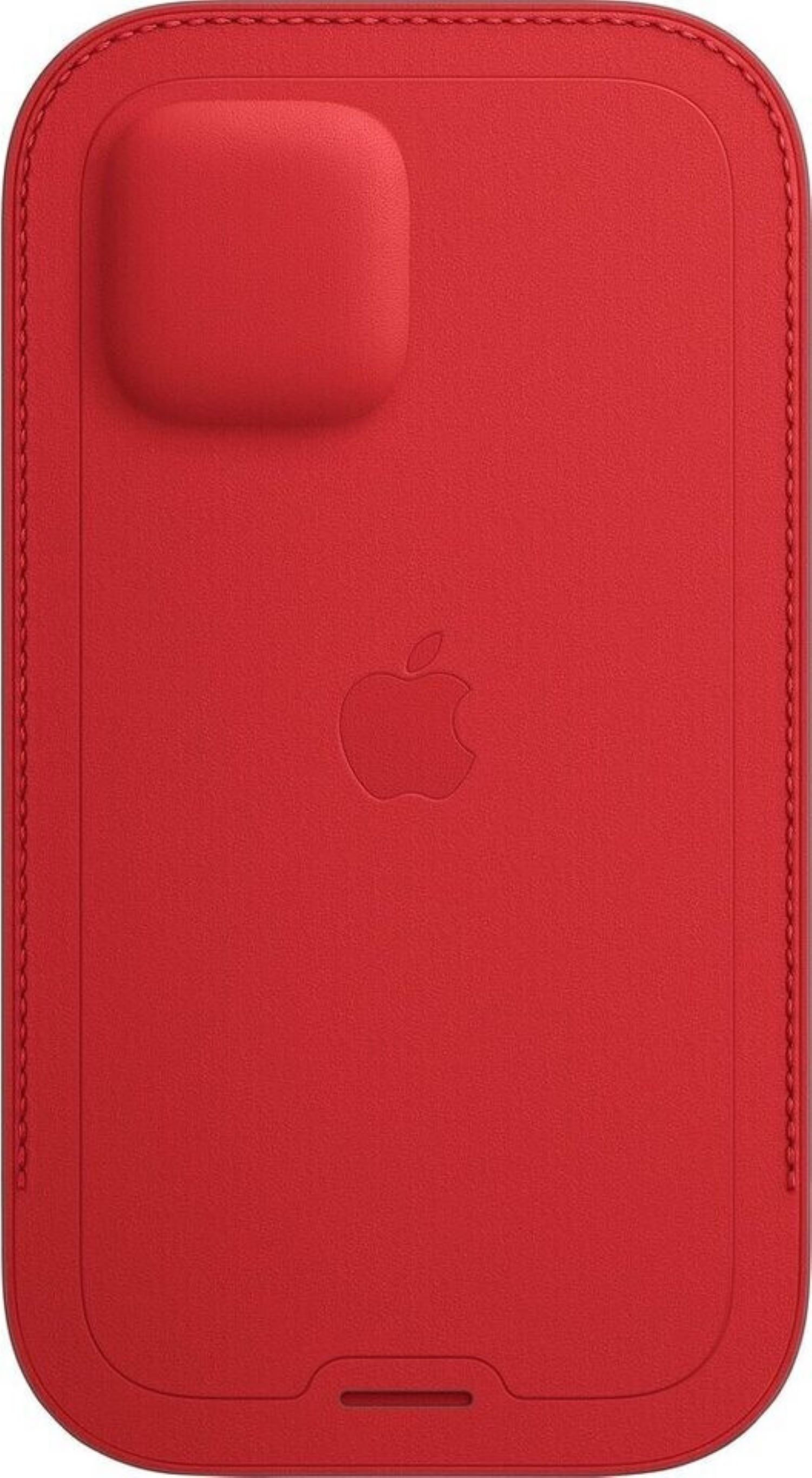 Funda de iPhone de cuero rojo con protuberancia para la cámara y logotipo de Apple en relieve.