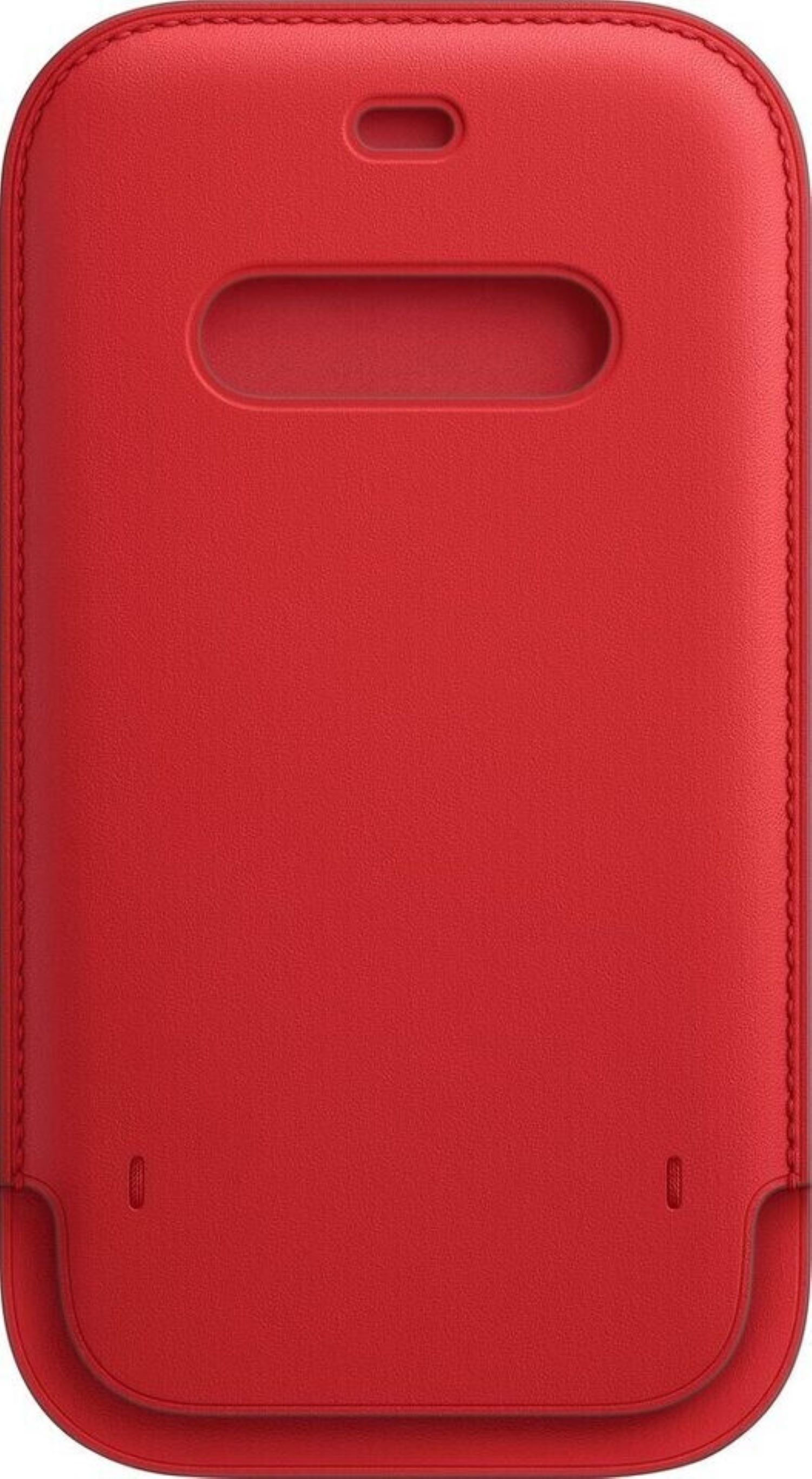 Funda de cuero roja con recorte para la cámara y el puerto de carga.