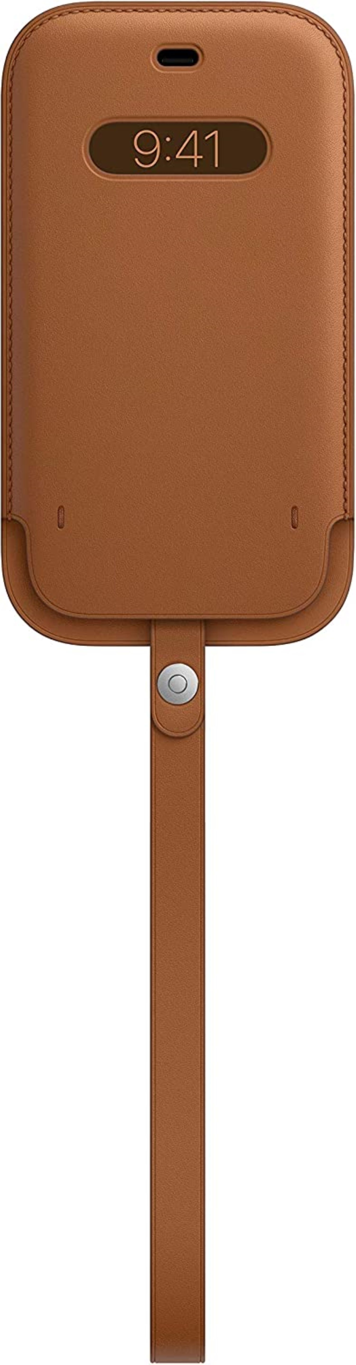 Funda de teléfono de cuero marrón con correa para la muñeca. Pantalla muestra 9:41.
