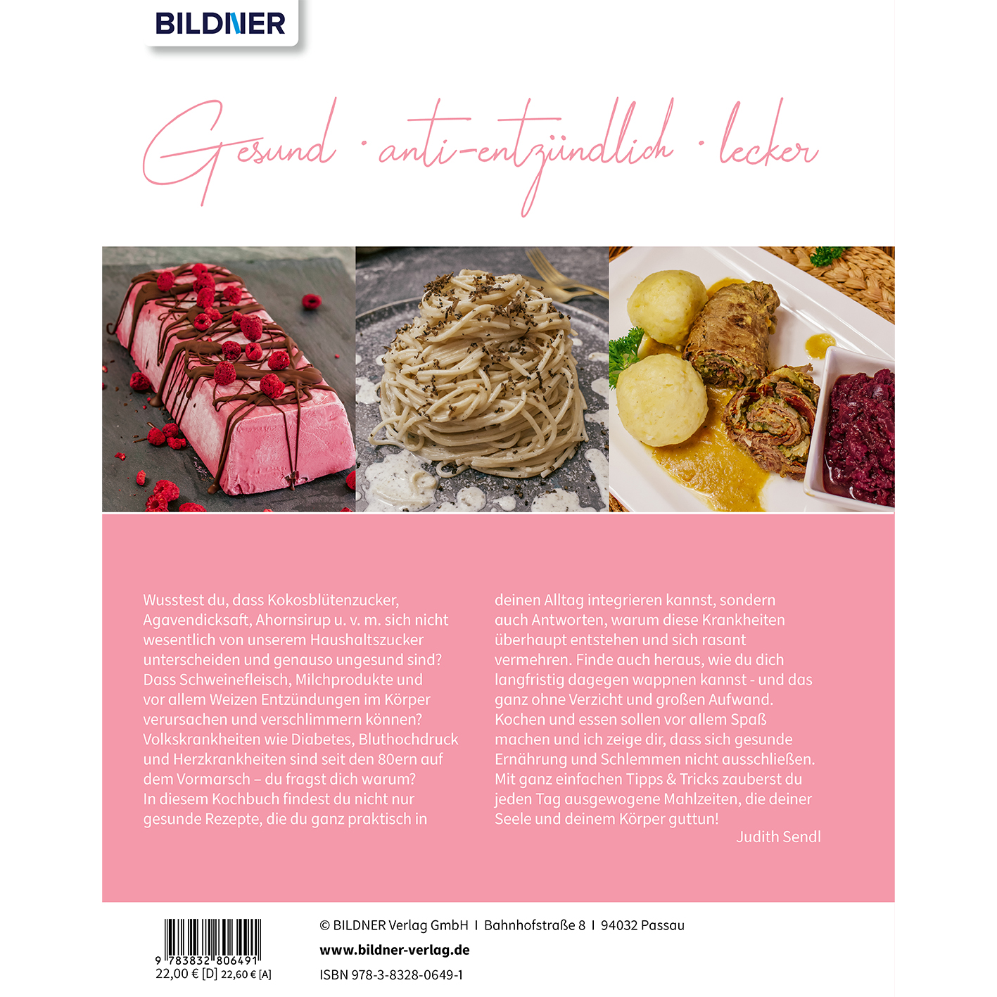 Ein Kochbuchcover mit Fotos von Essen: ein rosa Dessert, ein Pastagericht und ein Teller mit Fleisch und Gemüse.
