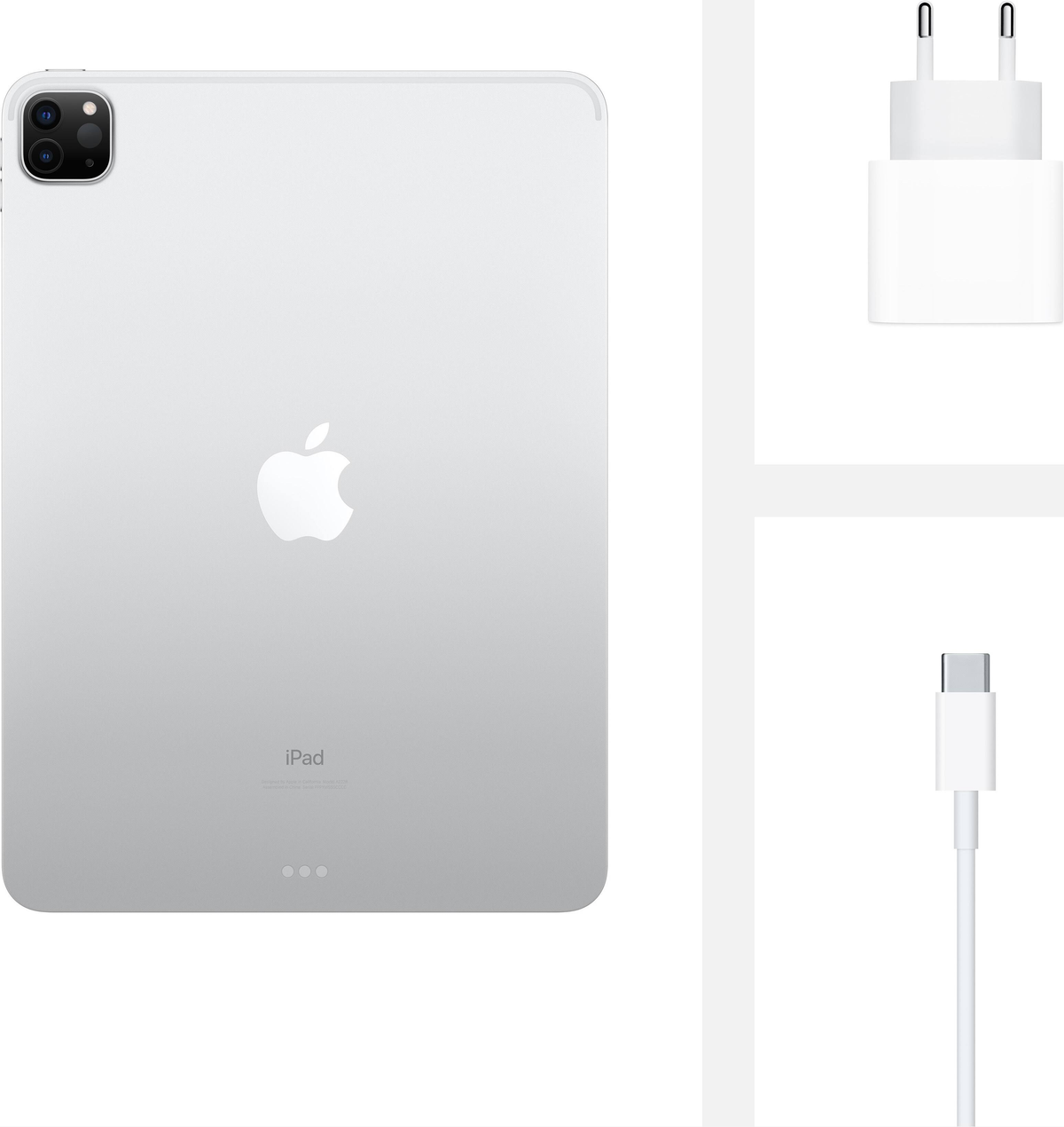 iPad-Rückseite mit Ladegerät und Kabel auf weißem Hintergrund. Apple-Logo ist sichtbar.