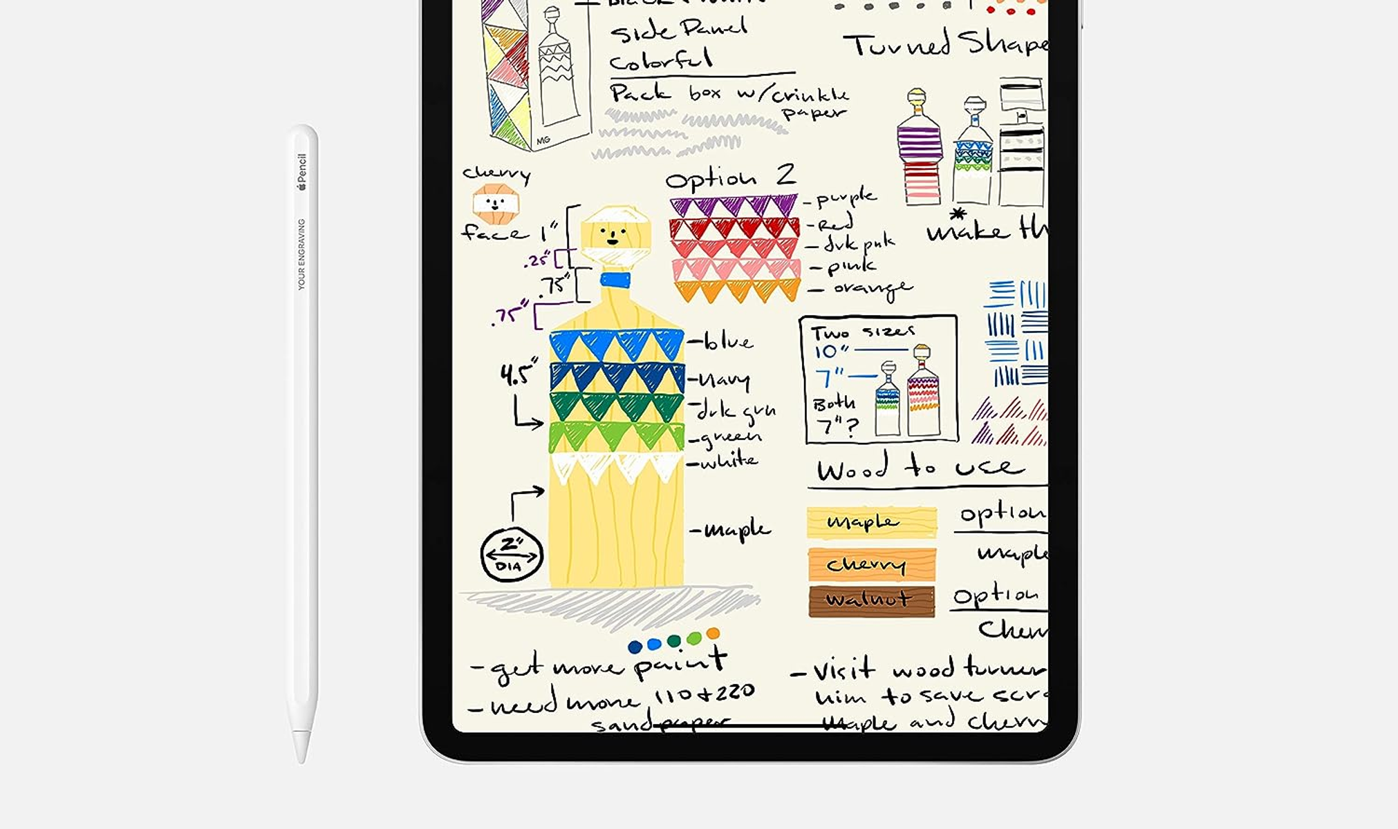 iPad mit Skizzen und Bleistift. Weißer Bleistift links. Weißer Hintergrund. Notizen mit Farben und Formen.