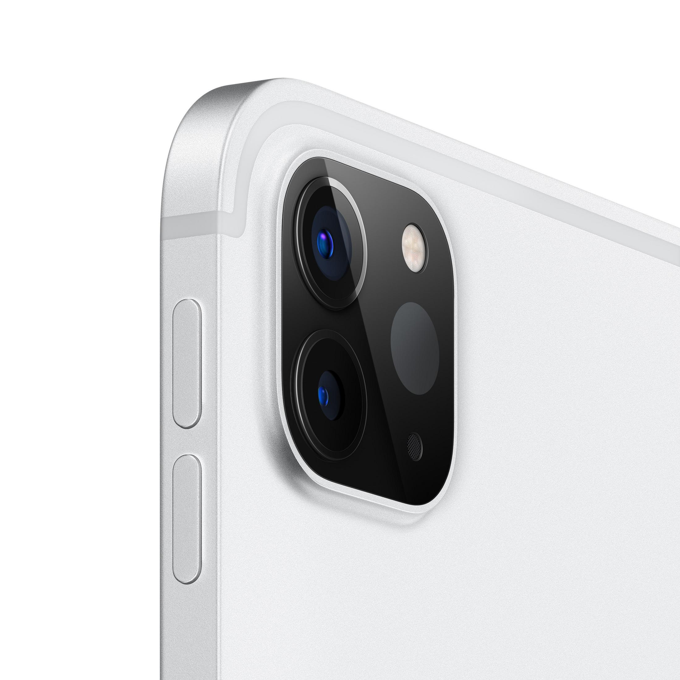 Close-up van de cameramodule van een iPad. Het heeft twee lenzen en een flitser, op een wit oppervlak.