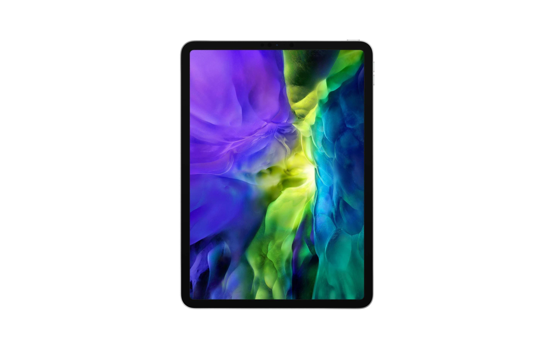 Tablet met een kleurrijke, abstracte achtergrond. Zwart frame rond het scherm, witte achtergrond.