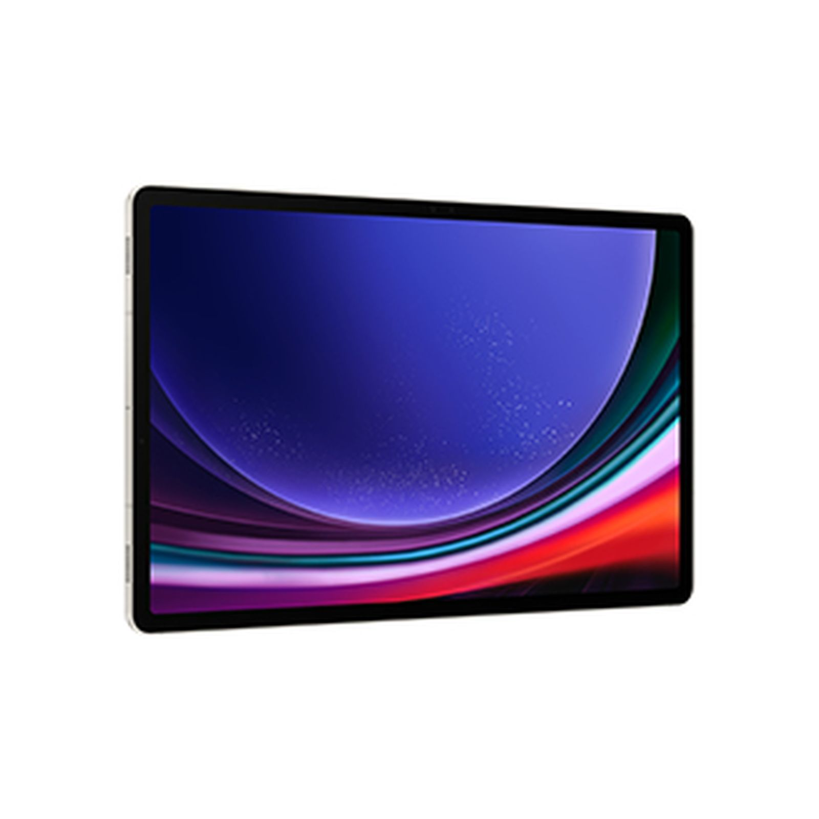 Ein Tablet, das ein farbenfrohes digitales Kunstwerk auf weißem Hintergrund zeigt.