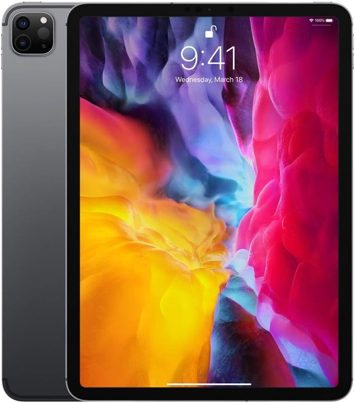 Ein iPad mit einem farbenfrohen Hintergrundbild sowie die Kamera und die Rückseite des iPads.