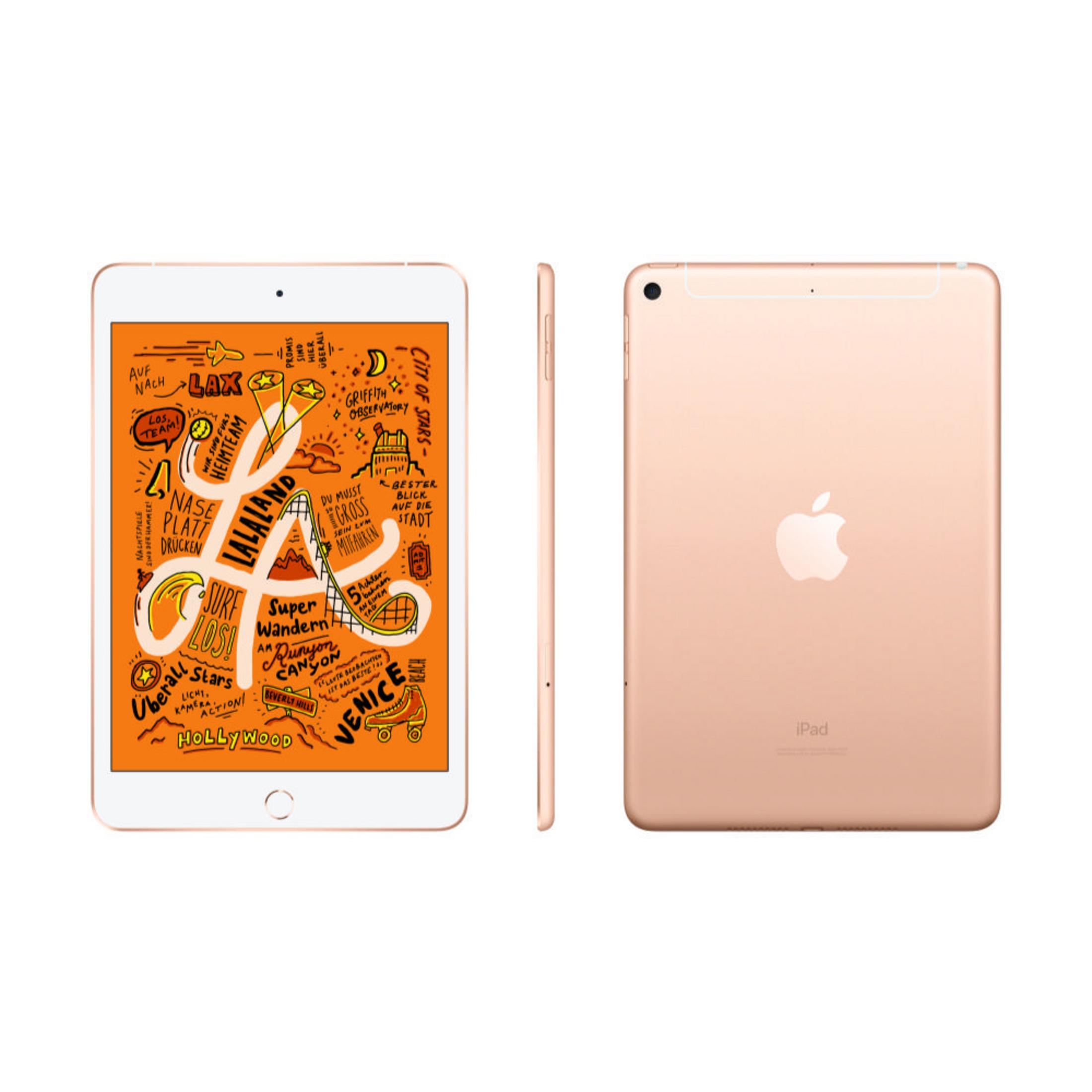iPad in Gold. Seiten- und Rückansicht sind sichtbar. Der Bildschirm zeigt Zeichnungen.