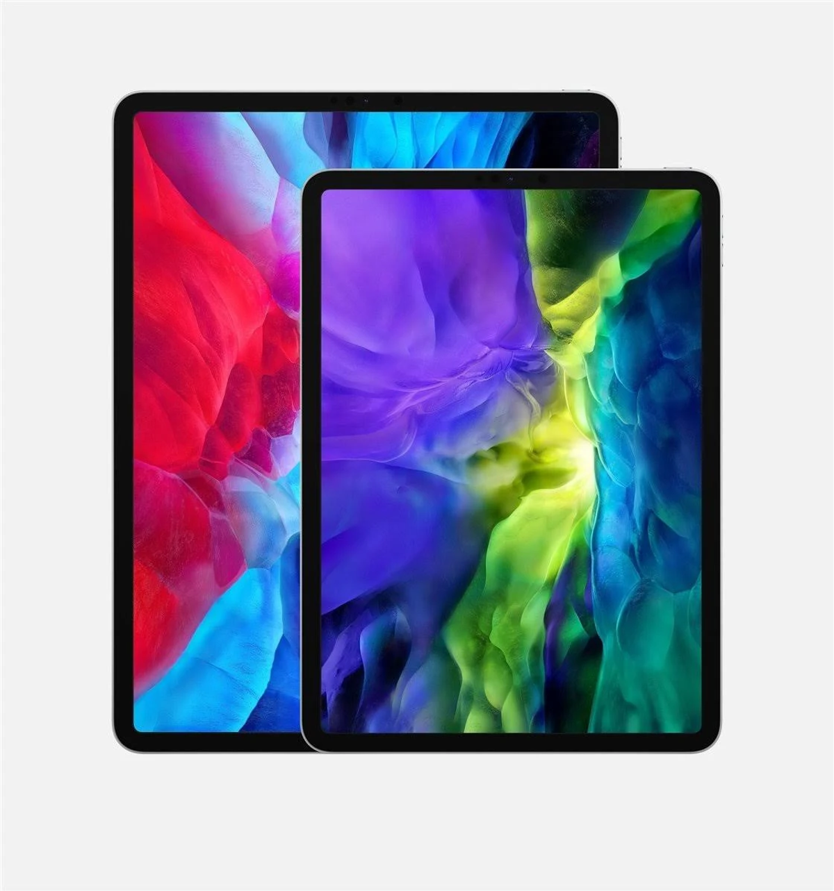Zwei Tablets nebeneinander. Eines hat einen rot/blauen, das andere einen violett/grünen Hintergrund.